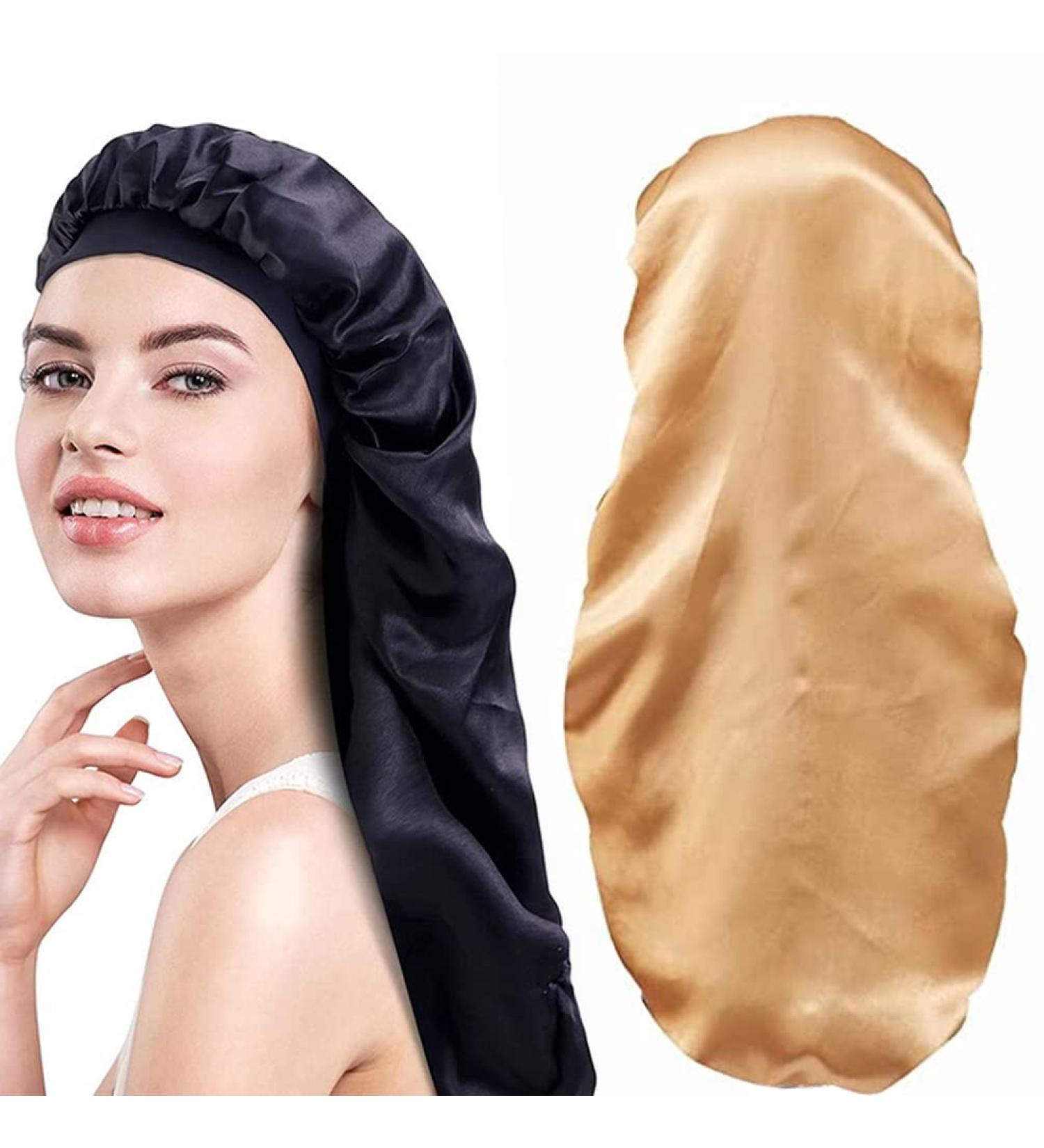 Extra Long Satin Bonnet for Women - 2 Pcs Braid & Curly Hair Bonnets - Soft Silk - Black/Golden - Buy Online on GoSupps.com