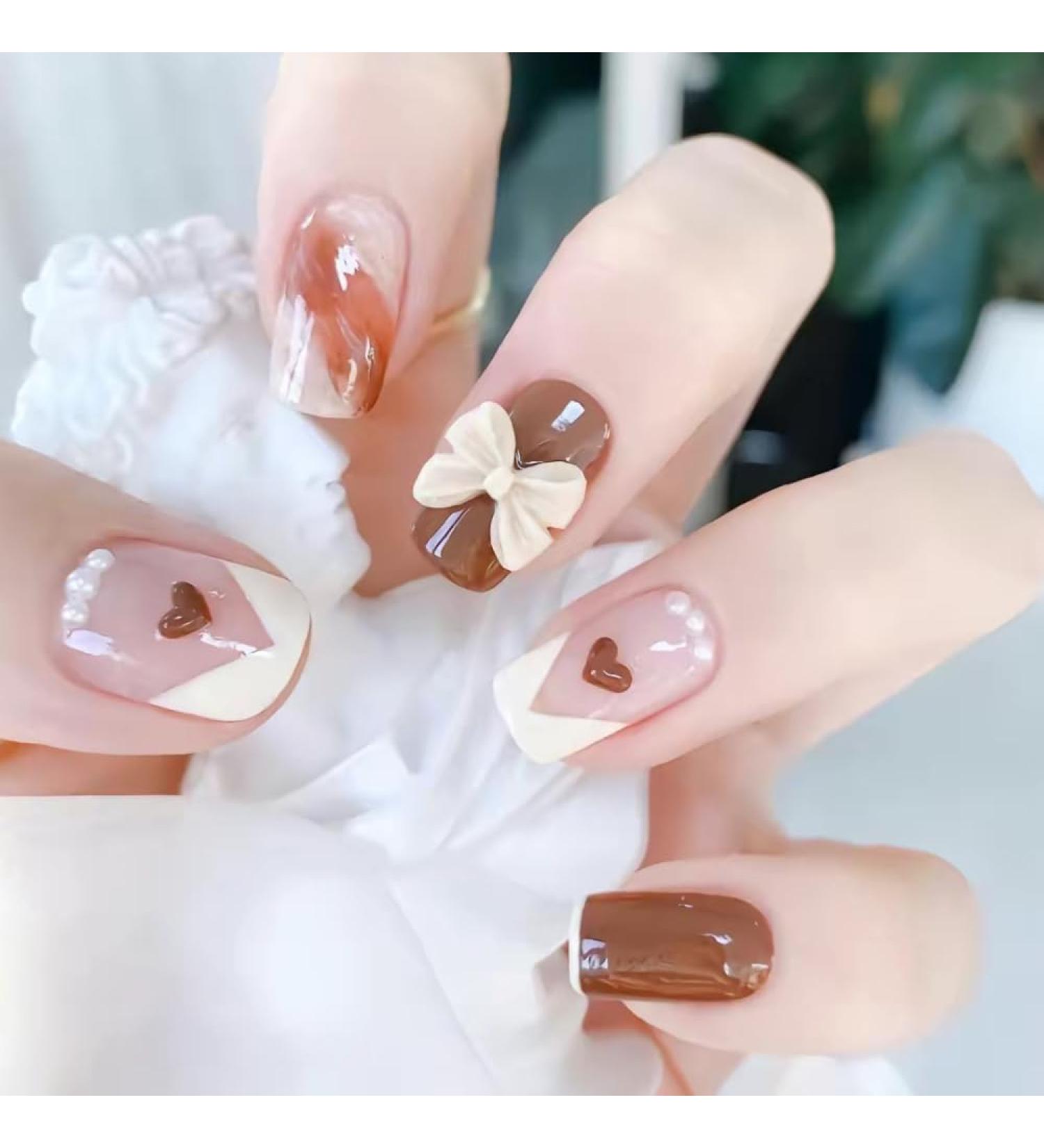 Short Round French style coffee white short style coffee color love white bow fake nails Press On Nails with Nail Tips press on nails Acrylic False Nails Cute Artificial Nails for Women and Girls - Buy Online on GoSupps.com