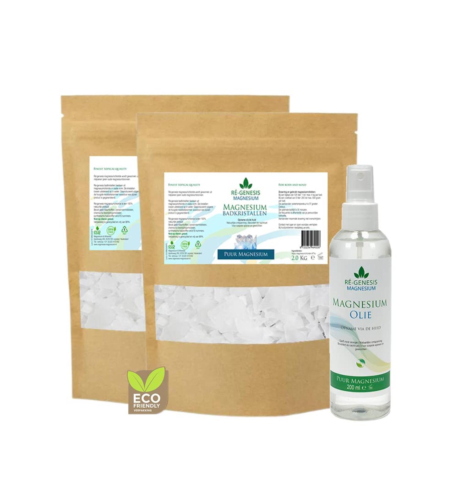 Reacute genesis Magnesium Magnesium oil spray 200 ml and 4 Kg 2x2kg magnesium flakes from R genesis Magnesium spray and magnesium bath crystals Magnesium chloride Good for the muscles - Buy Online on GoSupps.com