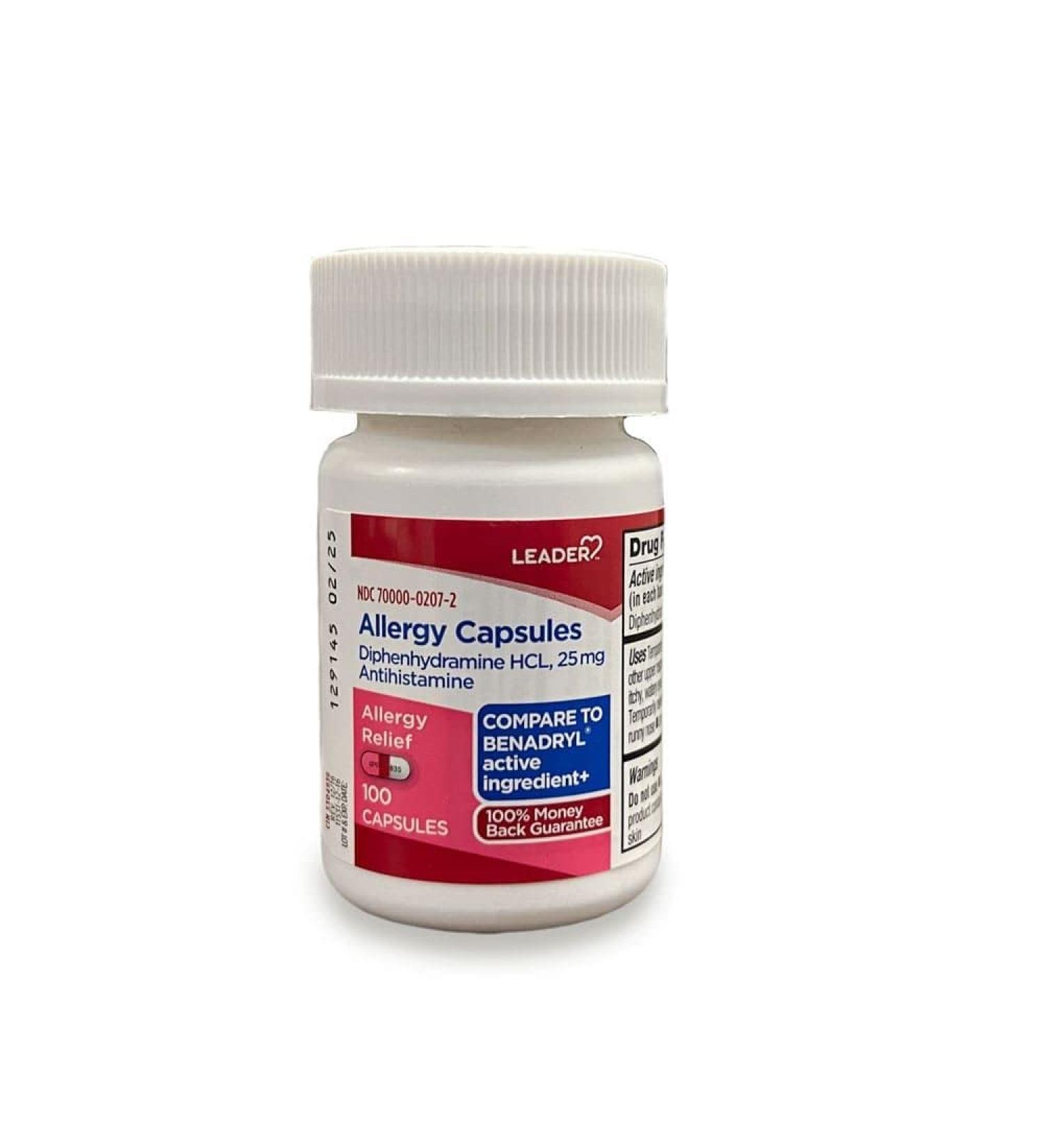 Leader Diphenhydramine Allergy Relief Supplement 25 mg 100 Capsules