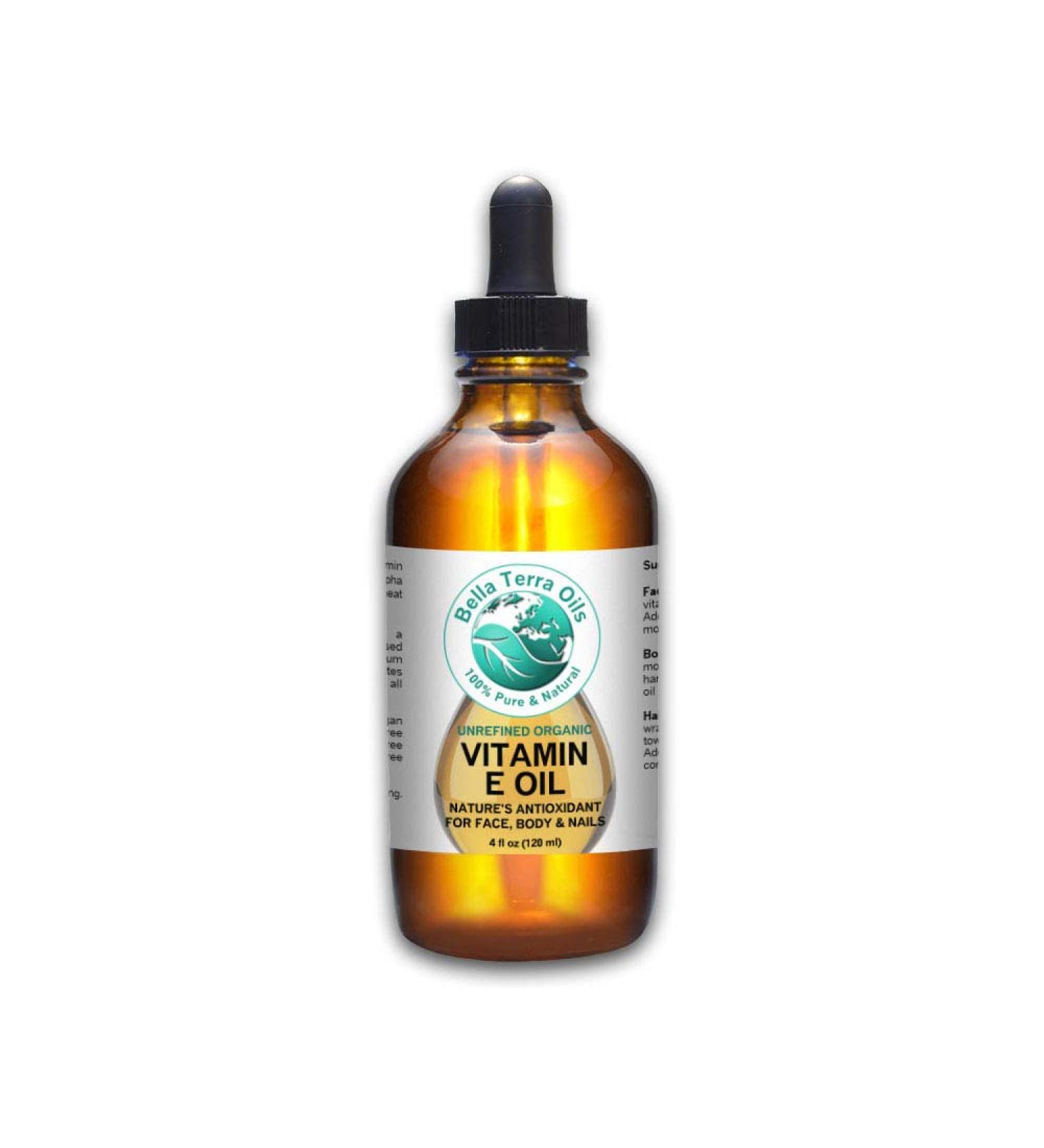 Bella Terra Oils Vitamin E Oil 4 oz - 100% Pure Organic D-Alpha Tocopherol - Natural Antioxidant Moisturizer for Skin, Hair, Scars & Stretch Marks - Maximum Strength - 4 Fl Oz - Buy Online on GoSupps.com