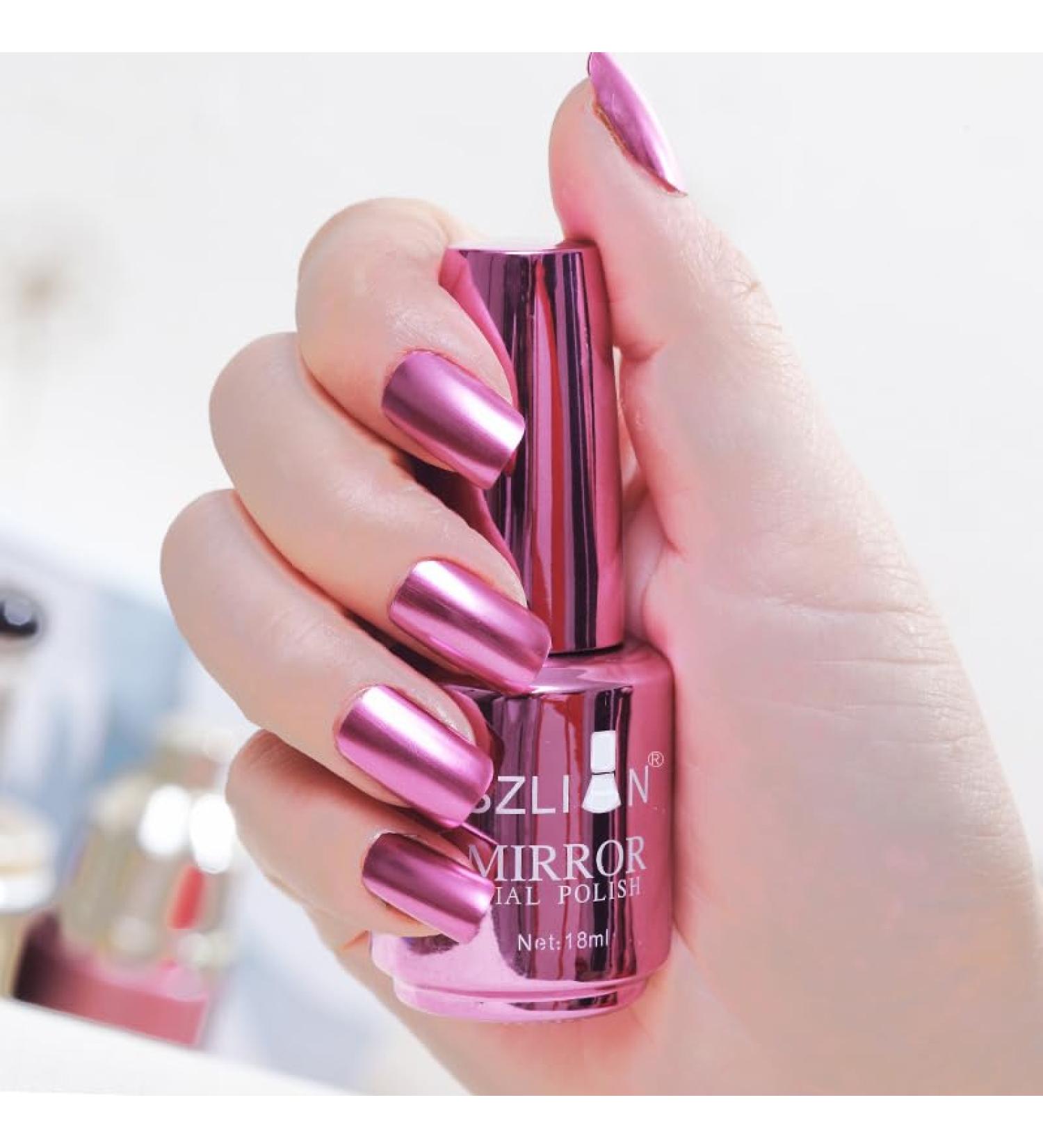 Metal Nail Polish 18ml Mirror Nail Varnish Quick Drying Metallic Effect Nail Art Polish Plating Metallic Nail Polish No UV Needed Magic Mirror Gel Nail Polish For Chrome Nail Art (06-Pink)