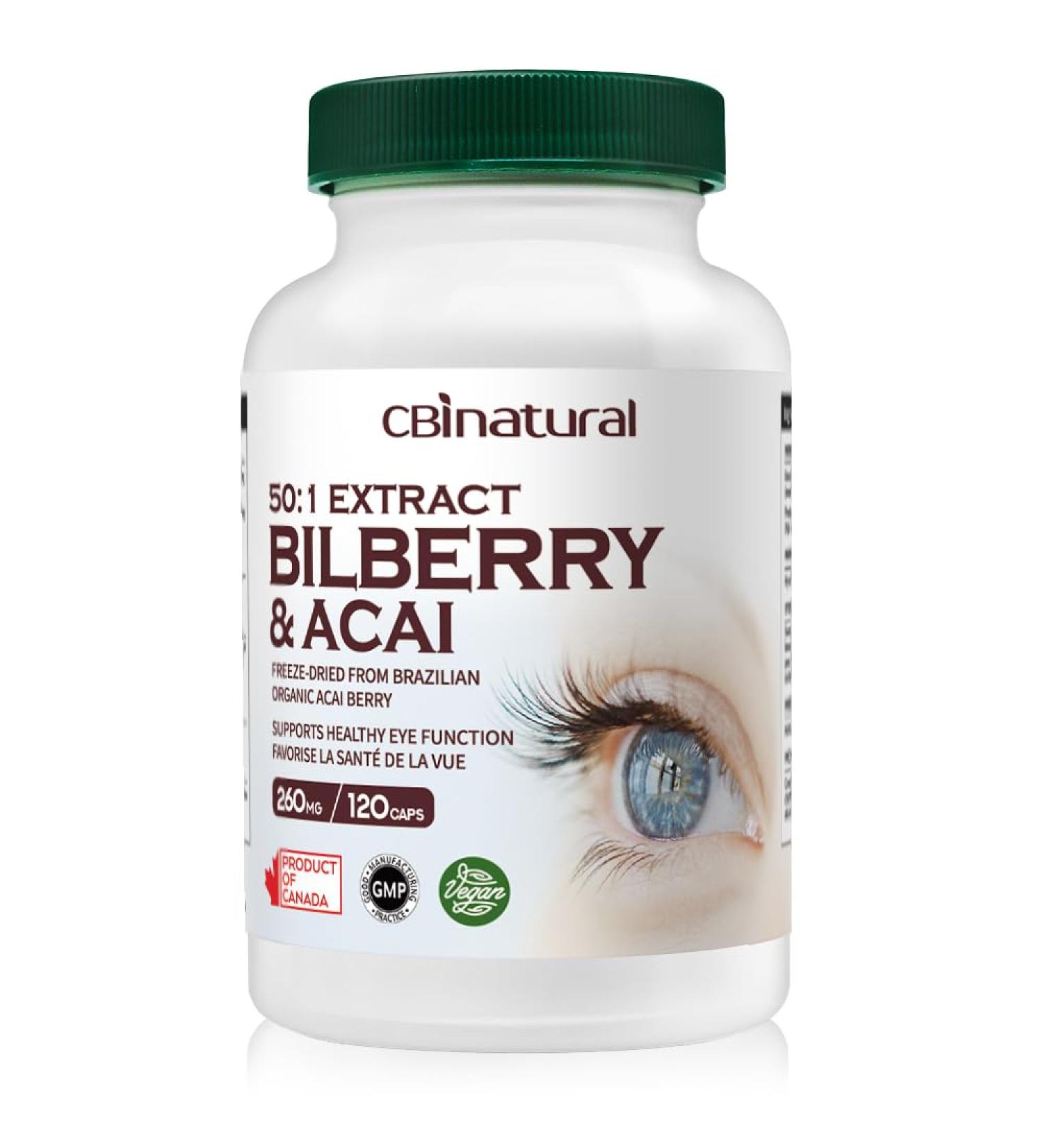 CBI Natural Bilberry 50:1 Extract 3,000 mg Equivalent with Acai Berry Eye Health & Vision Support, 120 Vegan Capsules, 4-Month Supply, Non-GMO, Gluten Free - Buy Online on GoSupps.com