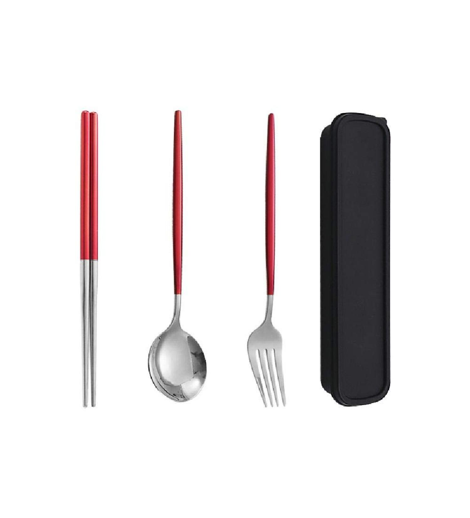 Stainless Steel Portable Tableware Chopsticks Spoon Set Three Piece Student Tableware Box Red - Buy Online on GoSupps.com