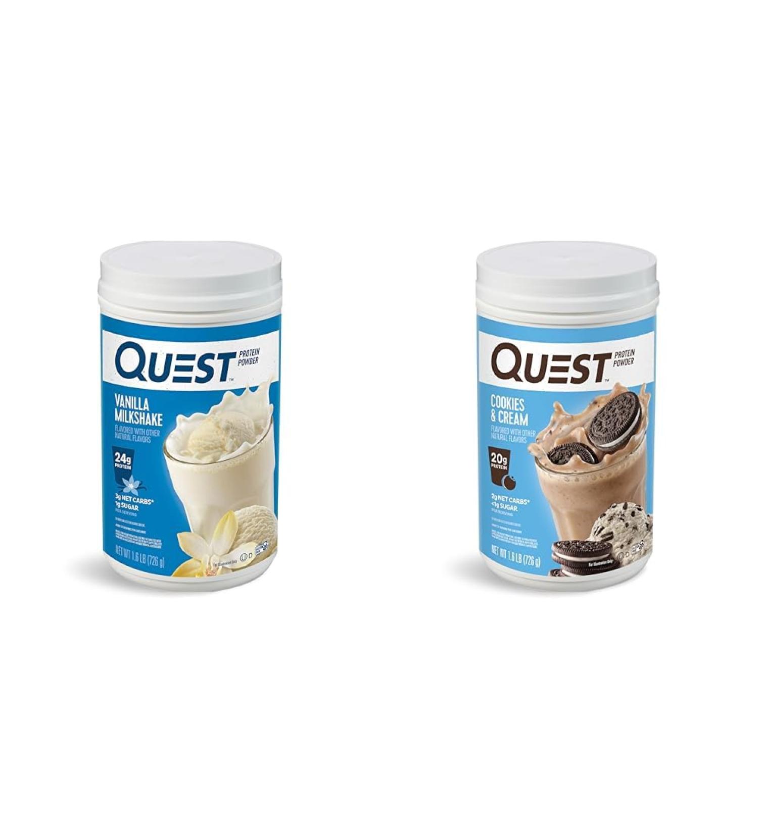 Quest Nutrition Vanilla Milkshake Protein Powder 24g of Protein 1g of Sugar 1.6 Pound 23 Servings & Cookies & Cream Protein Powder 20g Protein 1g Sugar Low Carb Gluten Free - Buy Online on GoSupps.com