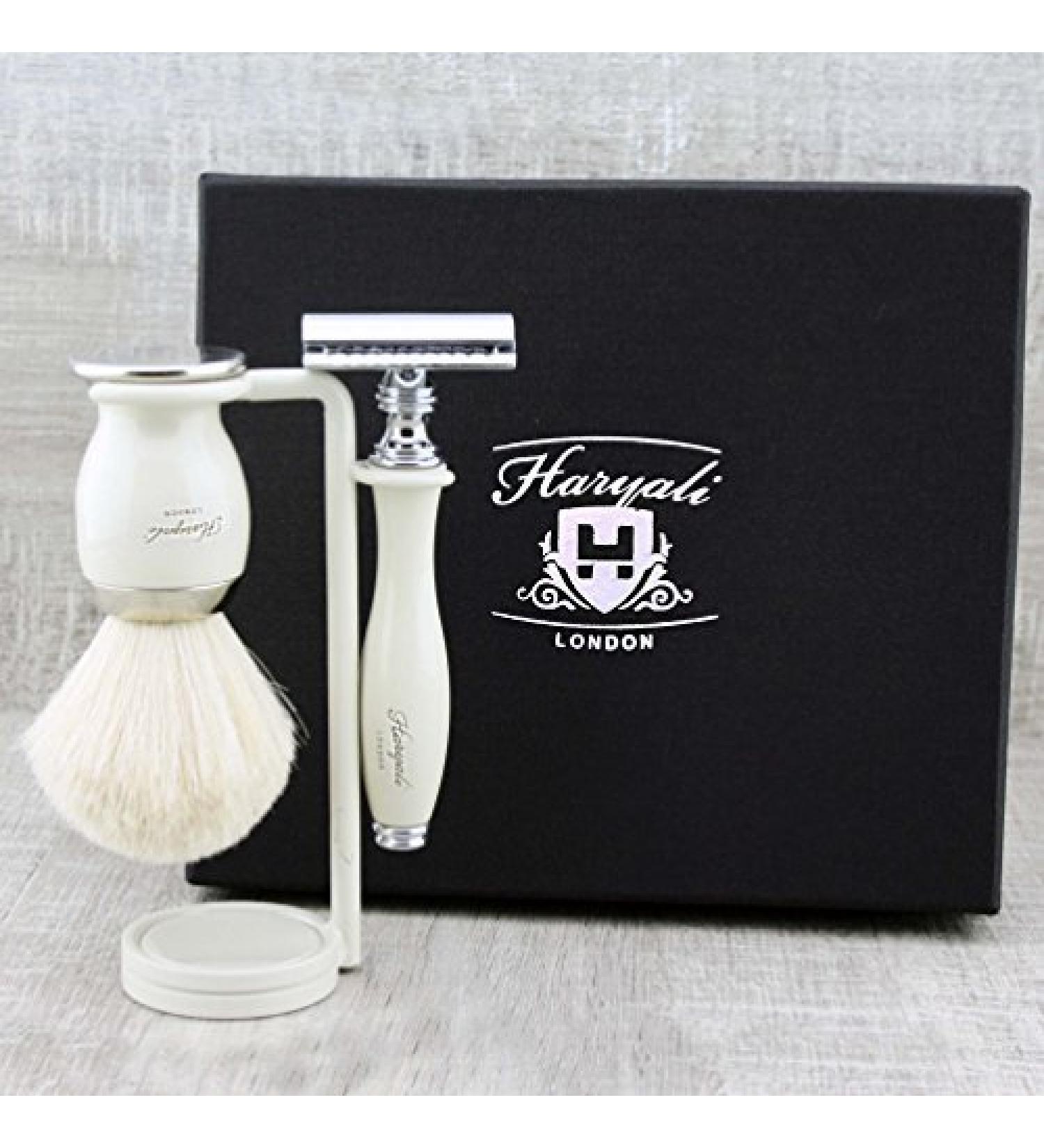 Razor Plane & Pure White Shaving Brush Set - 3 Pieces for Men | Complete Wet Shaving Kit with Stand - Buy Online on GoSupps.com