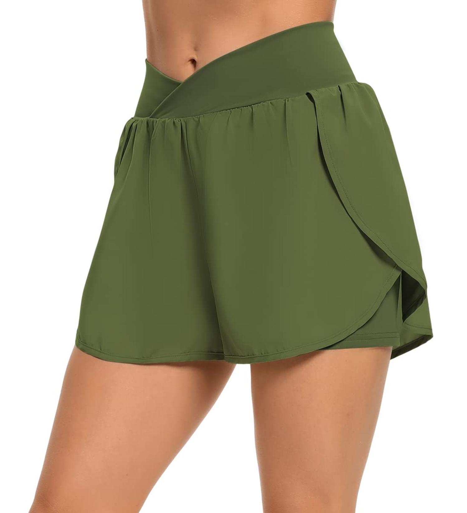 Quccefods Women's Cross Waist Workout Shorts | Quick-Dry Athletic Running Shorts with Pocket | Elastic High Waisted | Army Green - Large - Buy Online on GoSupps.com