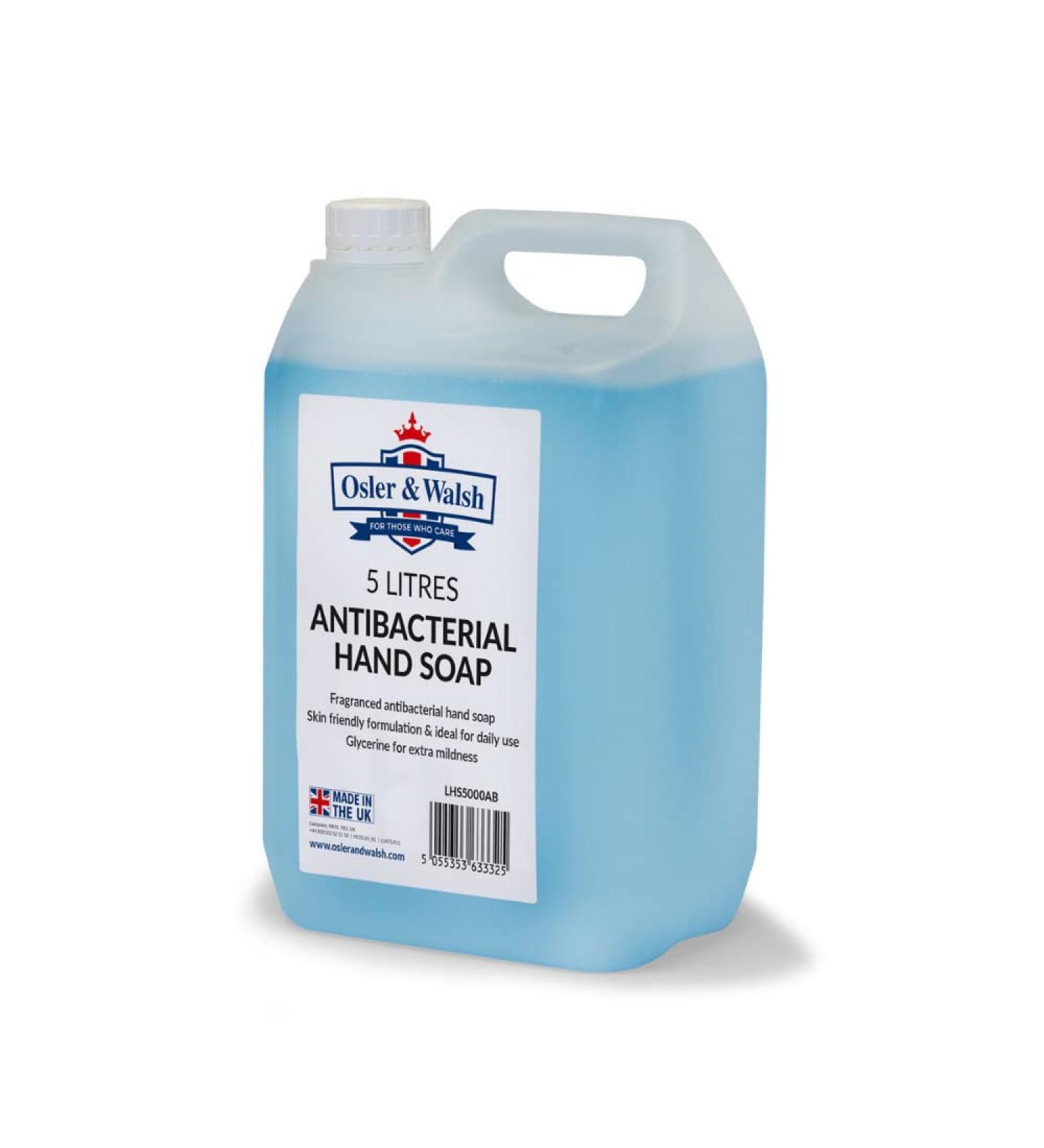 Osler & Walsh 5 Litre Antibacterial Blue Hand Soap Lightly Fragranced Hand Wash for Home School and the Workplace. Hydrates & Softens Skin Non-Sticky Liquid Hand Soap Protects Skin From Dryness Fresh 5 l (Pack of 1) - Buy Online on GoSupps.com
