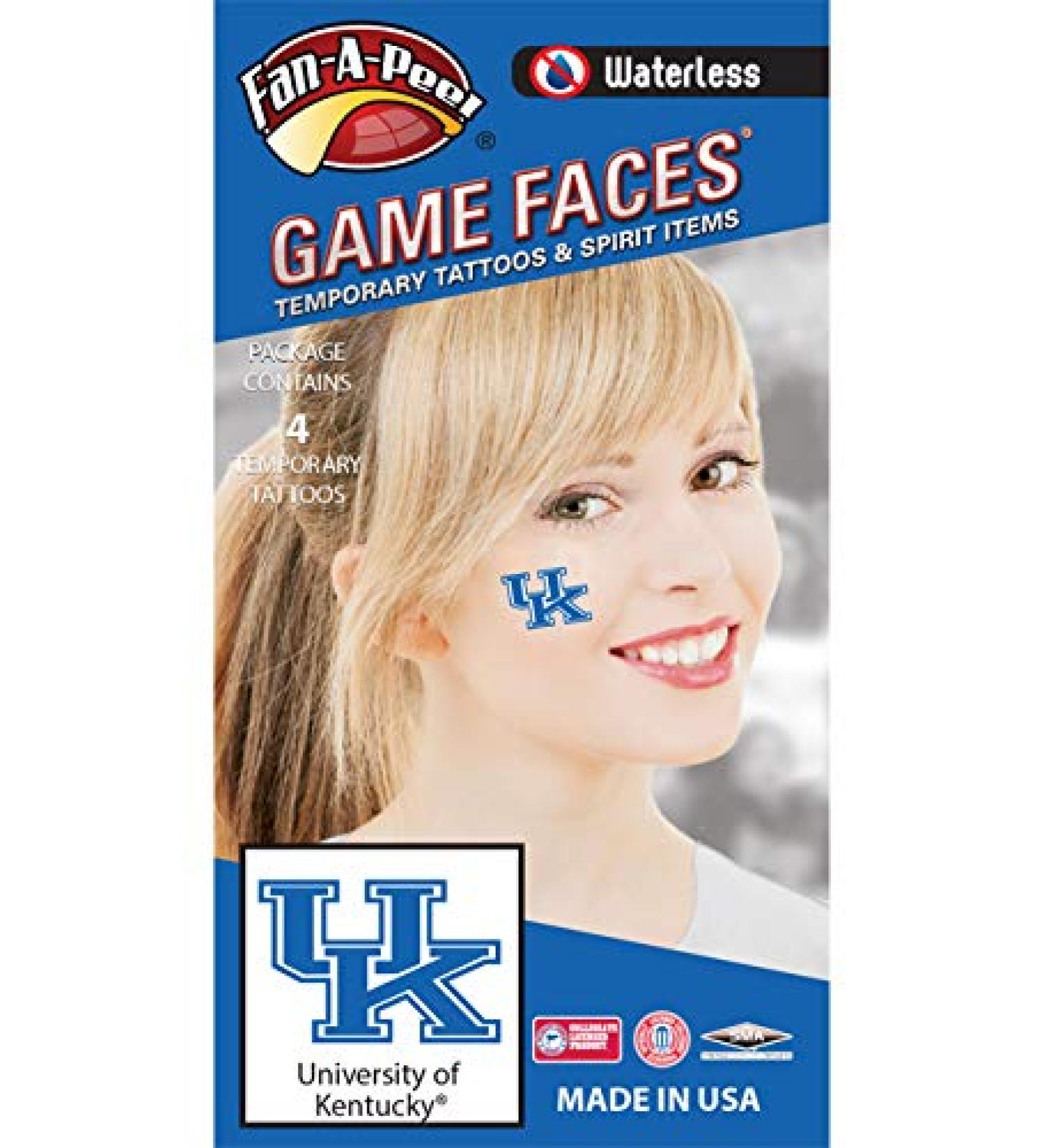 University of Kentucky (UK) Wildcats   Waterless Peel & Stick Temporary Spirit Tattoos   4-Piece   Blue/White UK Logo