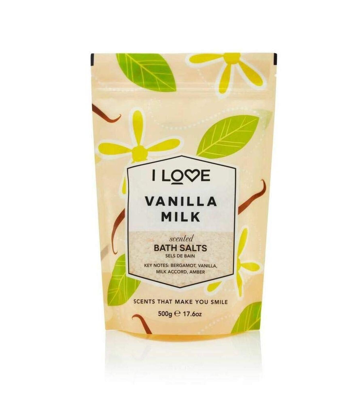 I Love Vanilla Milk SCENTED Bath Salts with 99% Naturally Derived Including ACB Bio-Water Bamboo Lightly Fribranced Leaving Skin Feeling Silky & Smooth Vegan-Friendly-500G