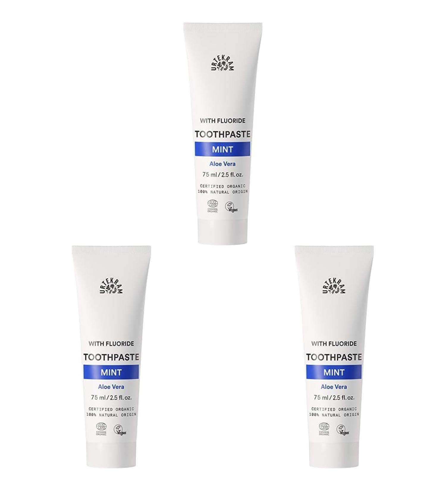 Urtekram Organic Mint Toothpaste with Fluoride - 75ml (Pack of 3) | Natural Oral Care for Fresh Breath - Buy Online on GoSupps.com