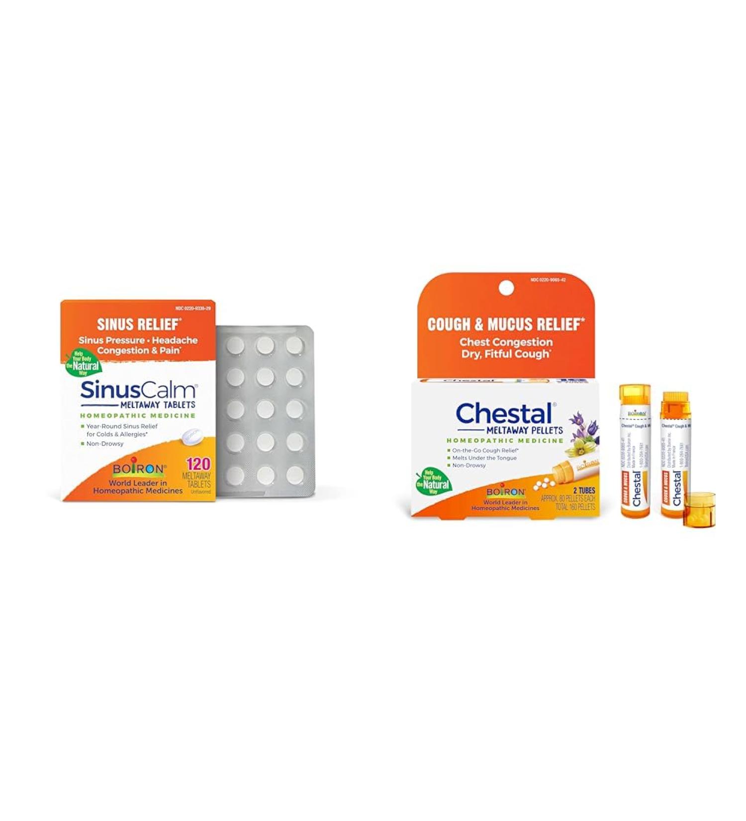Boiron SinusCalm Tablets 120 Count and Chestal Pellets 160 Count Cough Mucus and Throat Irritation Relief