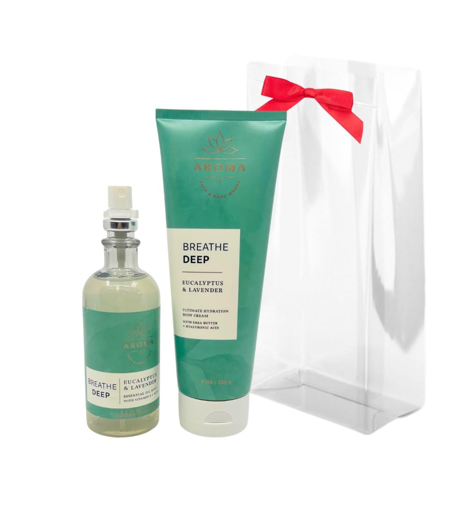 Bath & Body Works Aromatherapy Breathe Deep Eucalyptus & Lavender Gift Set - Holiday Essential Oil Mist & Body Cream with Red Bow - Perfect for Gifts - Buy Online on GoSupps.com