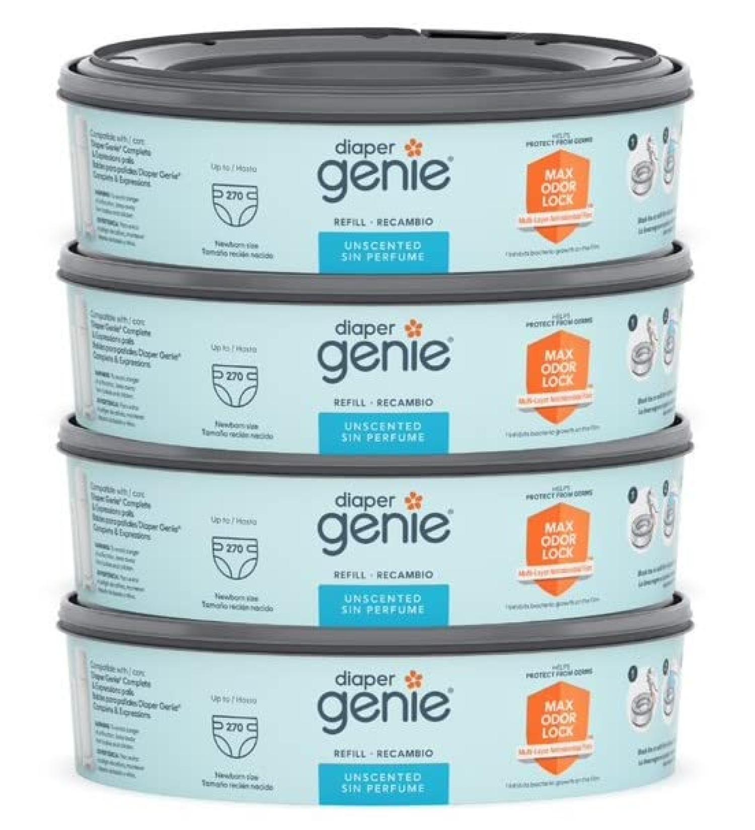 Diaper Genie Refill Bags 270 Count (Pack of 4) with Max Odor Lock | Holds Up to 1080 Newborn Diapers 4-Pack Bonus - Buy Online on GoSupps.com