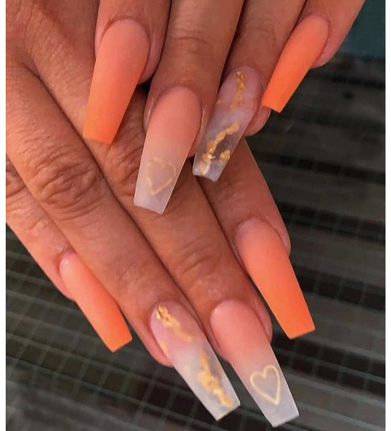 Brishow Heart Long Orange Ballerina Press-On Nails - 24PCs Acrylic Artificial Fingernails for Women & Girls - Buy Online on GoSupps.com