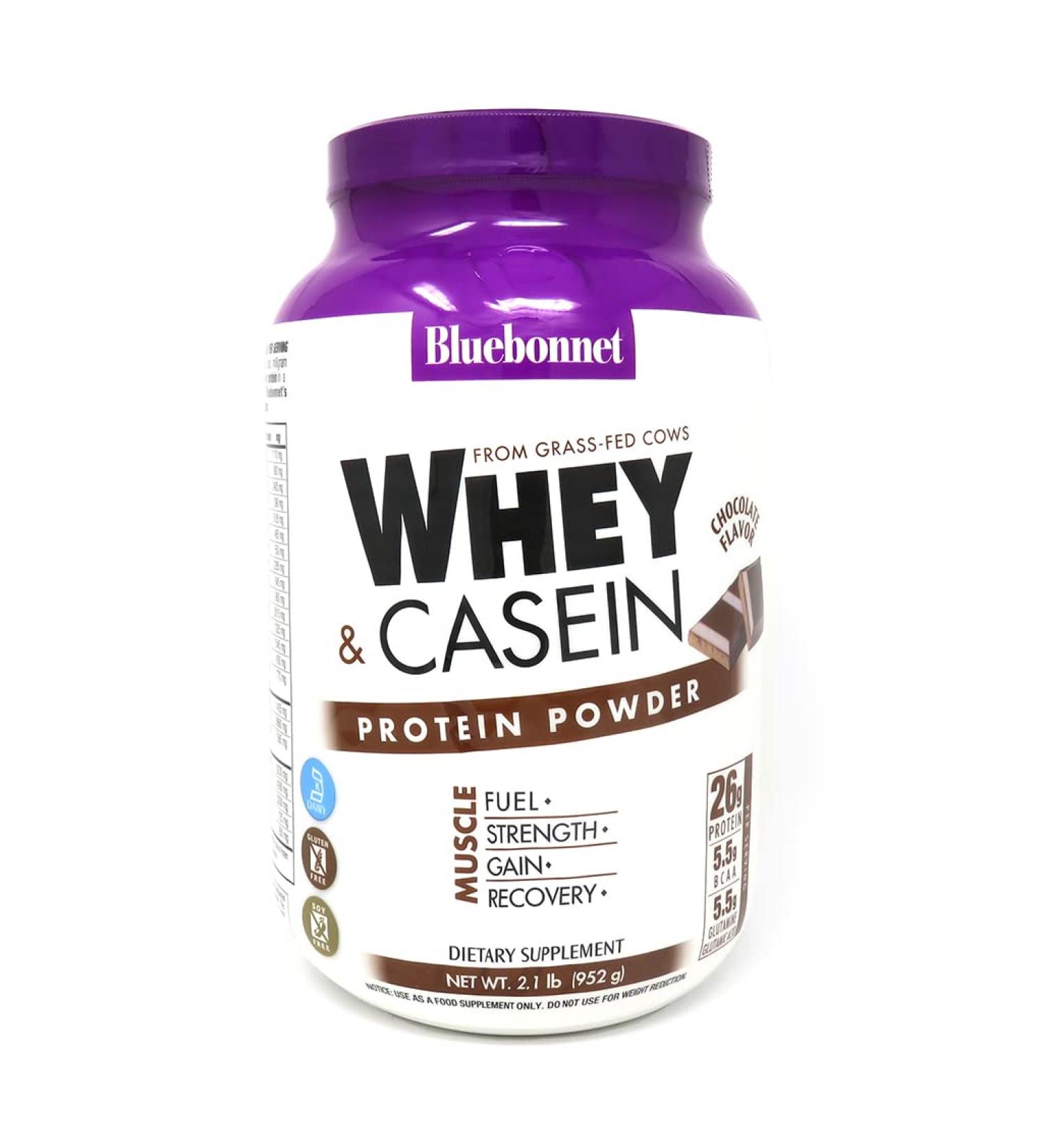 Bluebonnet Whey & Casein Protein Powder - Grass Fed, 26g Protein, No Sugar Added, Non-GMO, Gluten-Free, Soy-Free, Kosher Dairy, Chocolate Flavor - 2.1 lbs - Buy Online on GoSupps.com