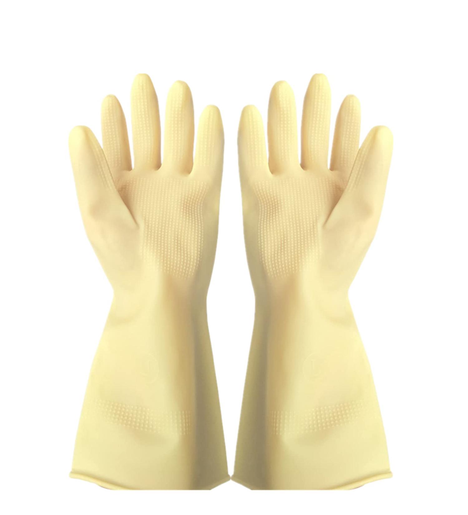 Premium Long Rubber Household Gloves | Reusable Cleaning & Garden Gloves (Beige Size M) - Perfect for Car Wash & Work - Buy Online on GoSupps.com