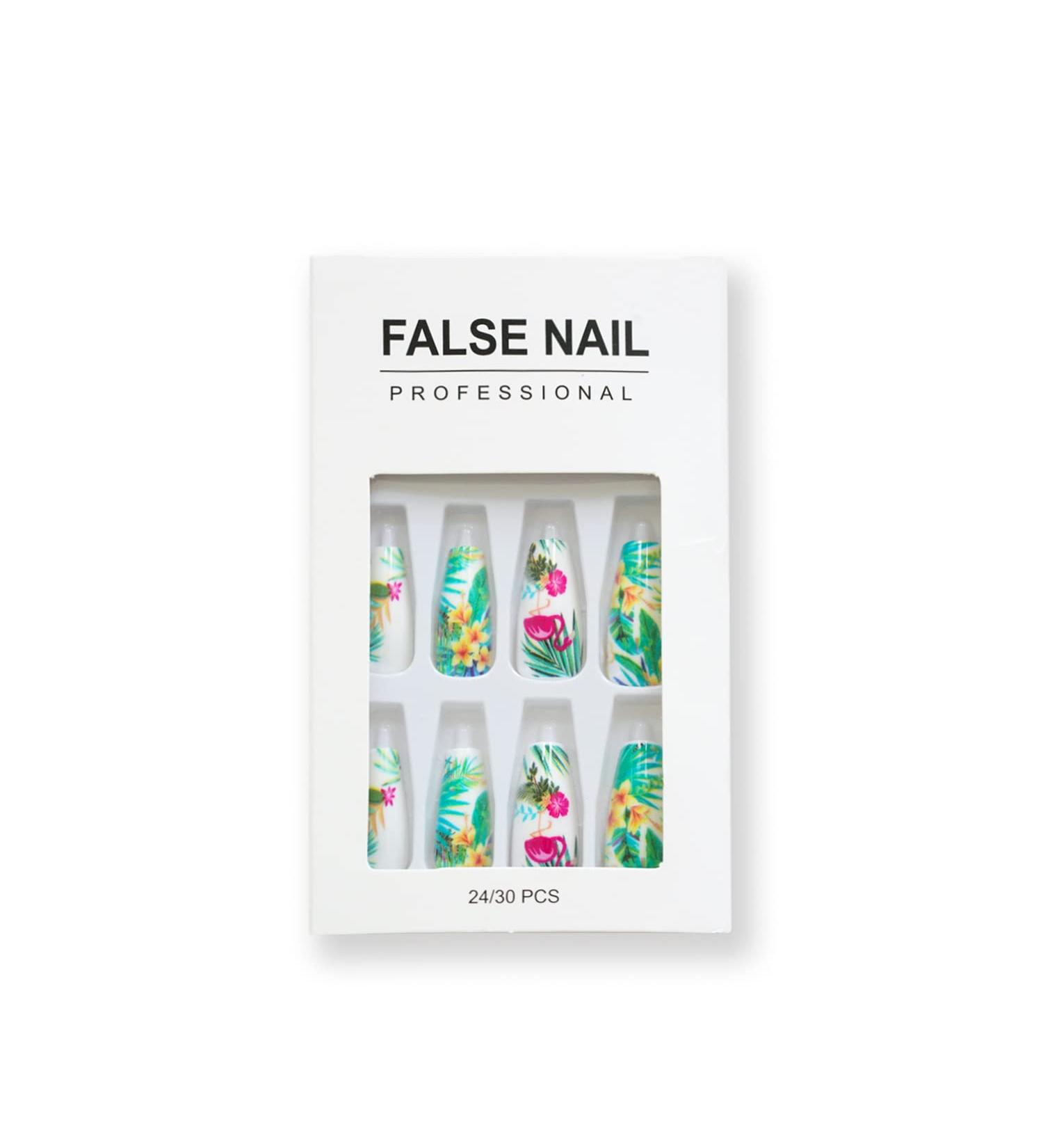 Tropical Flower & Leaf Design Long Coffin Fake Nails - 24 Pcs | Hawaiian Exquisite Static False Nails for Women - Buy Online on GoSupps.com