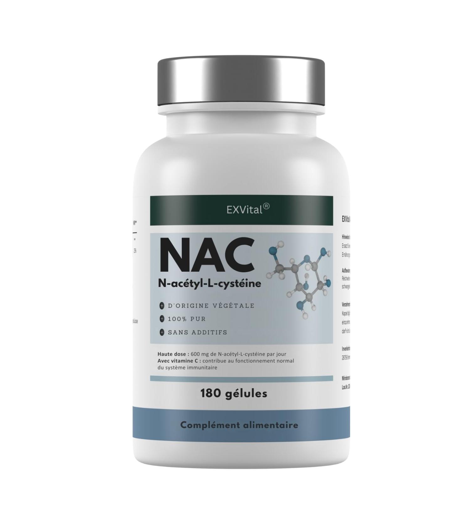 EXVital NAC Capsules 600 mg par capsule 180 capsules v g taliennes contenant de la N-ac tylcyst ine N-ac tyl-L-cyst ine hautement dos e Test en laboratoire et sans additifs - Buy Online on GoSupps.com
