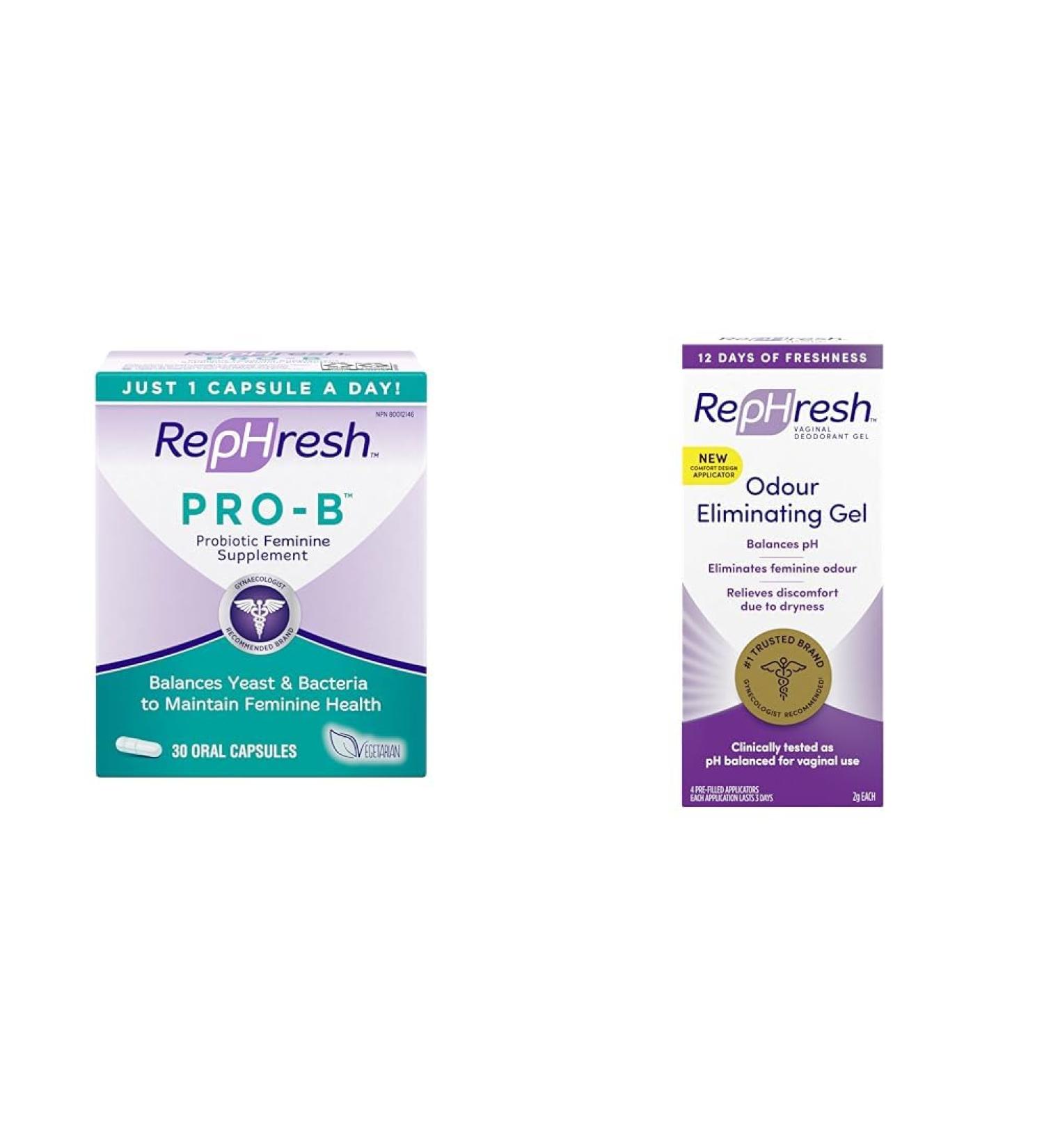 RepHresh Pro-B Probiotic Feminine Supplement + RepHresh Odour Eliminating Vaginal Gel Bundle - Buy Online on GoSupps.com