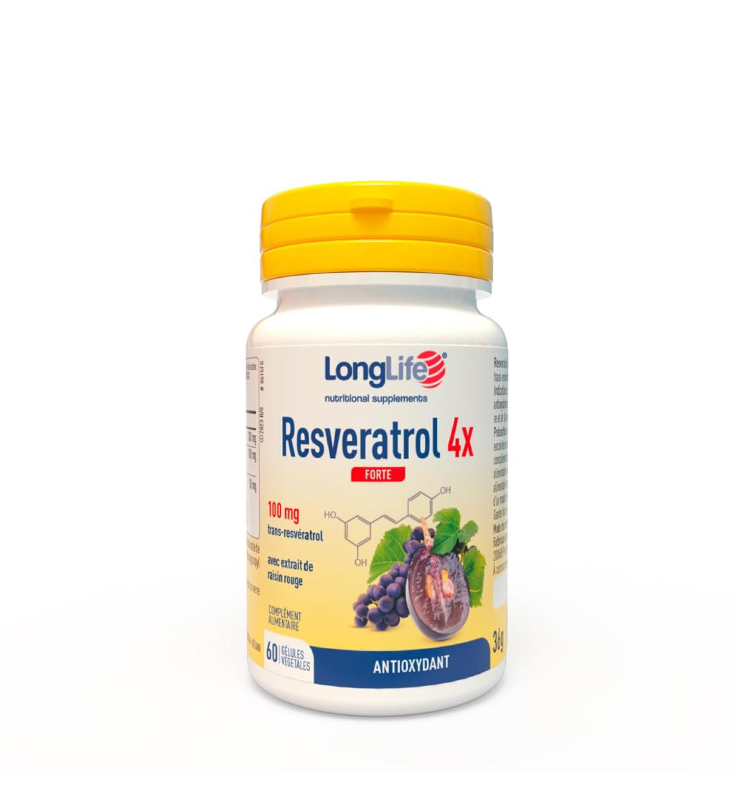 LongLife Resveratrol 4x Forte | Trans-resv ratrol pur (Veri-te ) et raisin rouge | C ur et circulation | Jambes l g res | 60 g lules | V gan et sans gluten - Buy Online on GoSupps.com