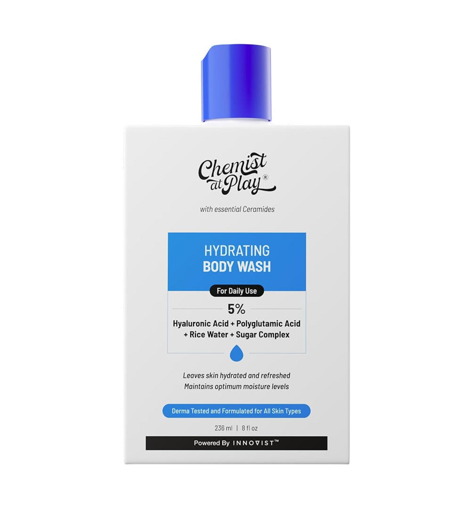 Chemist at Play Hydrating Body Wash | With 5% Hyaluronic Acid Bodywash for Intense Hydration | Reduces Flakes & Itchiness | For Dry Skin | Polyglutamic Acid & Hyaluronic Acid | For Women & Men | 236ml - Buy Online on GoSupps.com
