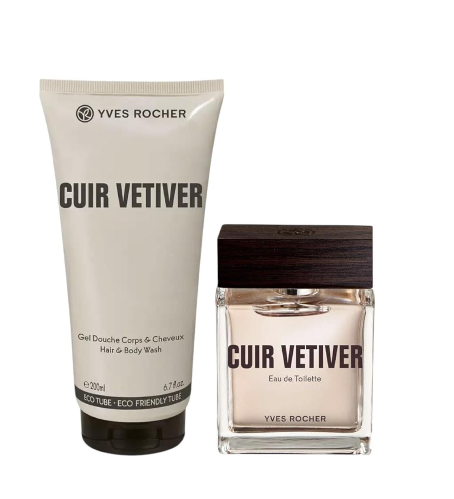 Yves Rocher Cuir V tiver Eau de Toilette & Perfumed Body Shower Gel for Men Set of 2-200 ml./6.7 fl.oz. and 50 ml./1.7 fl.oz.