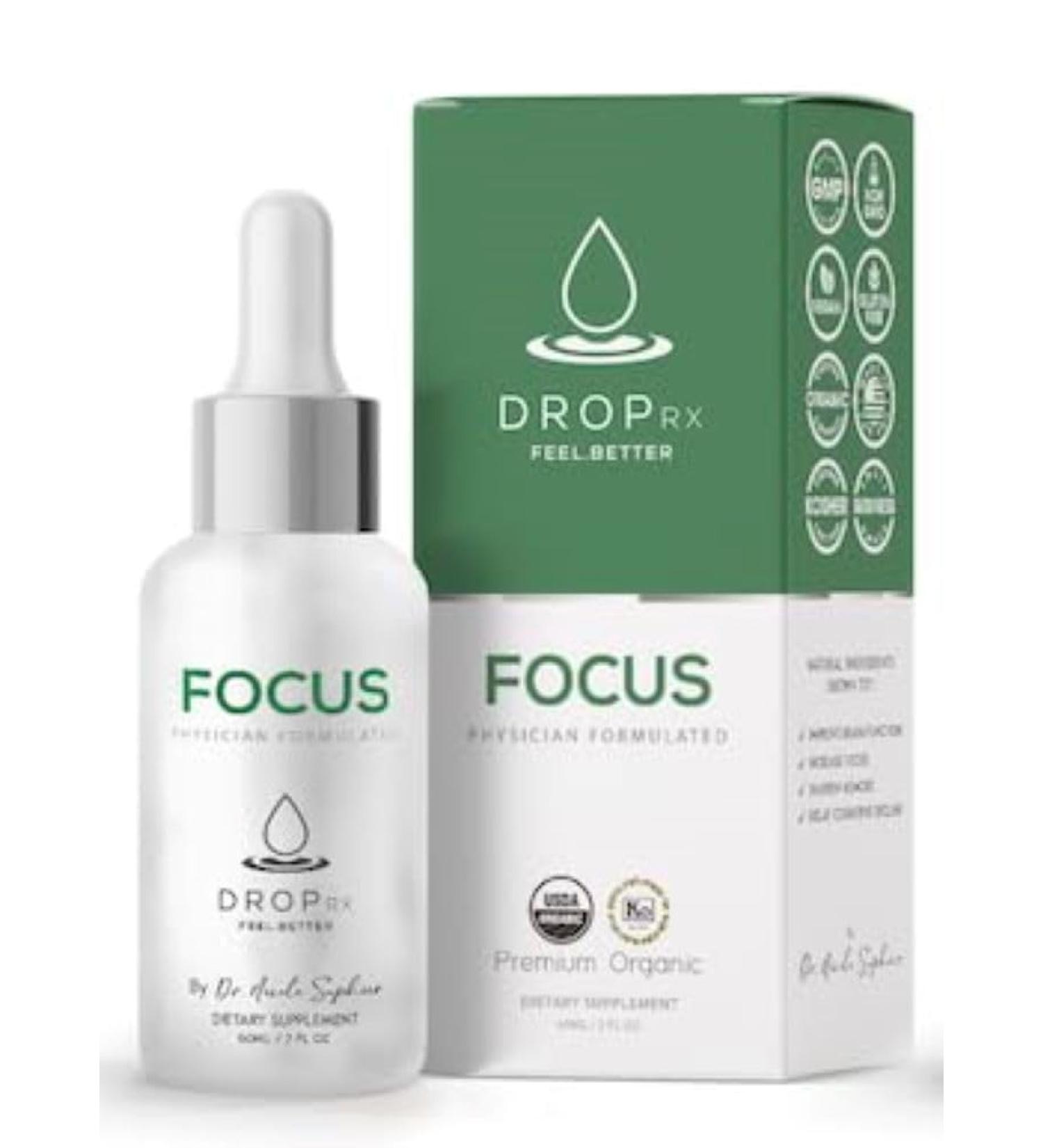 DropRx Focus Liquid Drop Supplement for Memory Brain Support Clarity & Focus - Ginkgo Biloba and Ginseng Organic Herbal Blend - Made in USA by Dr. Nicole Saphier (2fl.oz) - Buy Online on GoSupps.com