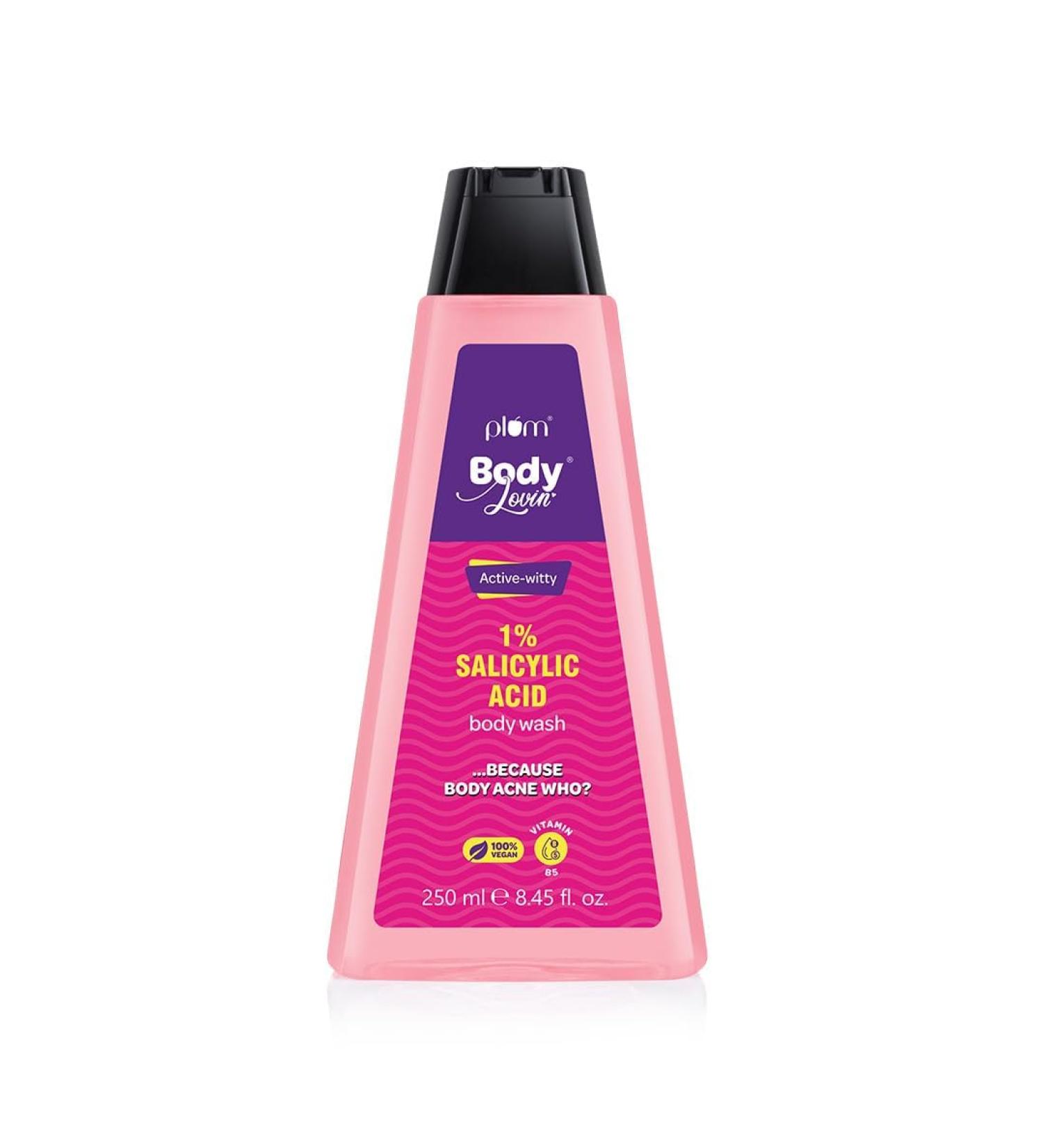 Pl.um BodyLovin Active-witty Body Wash | 1% Salicylic Acid + Vitamin B5 | Hydrating Shower Gel for Body Acne & Dull Skin | Fruity Fragrance | 250 ml - All Skin Types - Buy Online on GoSupps.com