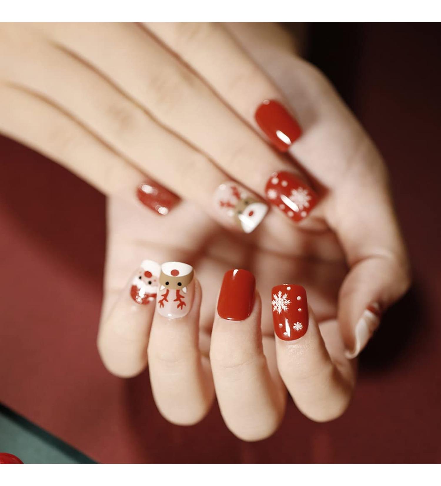 Vatocu Christmas False Nails - Short Red Press On Nails with Snowflakes, Elk, Snowman Design - 24pcs for Women and Girls - Buy Online on GoSupps.com