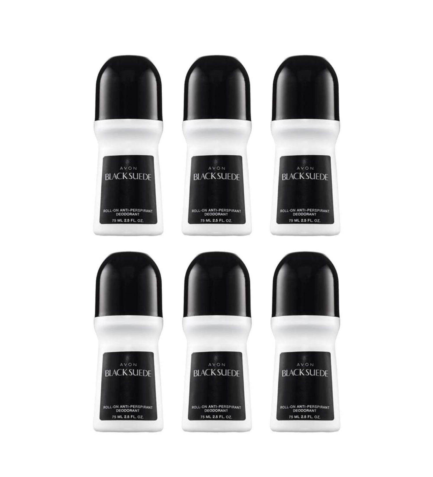 Avon Men's Black Suede Roll-On Deodorant 2.6oz/75ml - Pack of 6 | Anti-Whitening, Non-Staining, Quick-Drying Formula - Buy Online on GoSupps.com