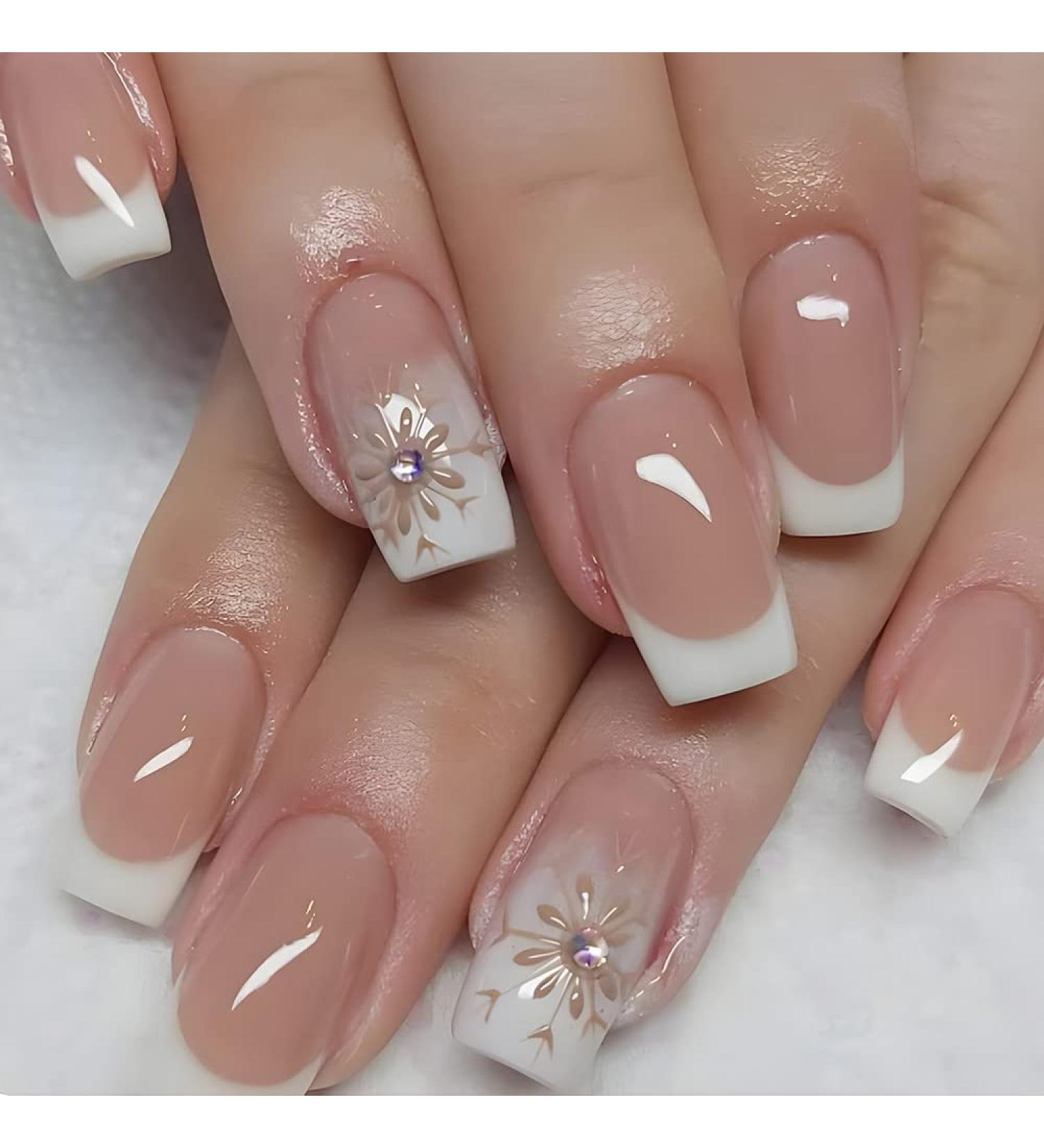 Diduikalor 24 Pcs White French Press on Nails with Rhinestones - Medium Square Acrylic False Nails for Women and Girls - DIY Nail Manicure Set - Buy Online on GoSupps.com