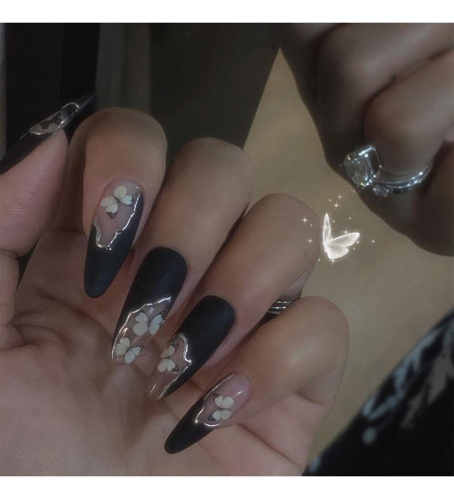 24 Pieces Butterfly Black Coffin Ballerina Press-On Nails - Long French Acrylic Nail Tips for Women & Girls - Buy Online on GoSupps.com