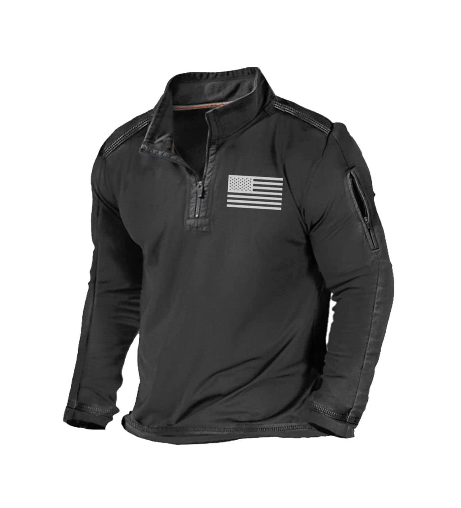 Men's USA Flag Graphic Pocket Pullover | Patriotic 1/4 Zip Stand Collar Sweatshirt - Black XL - Buy Online on GoSupps.com