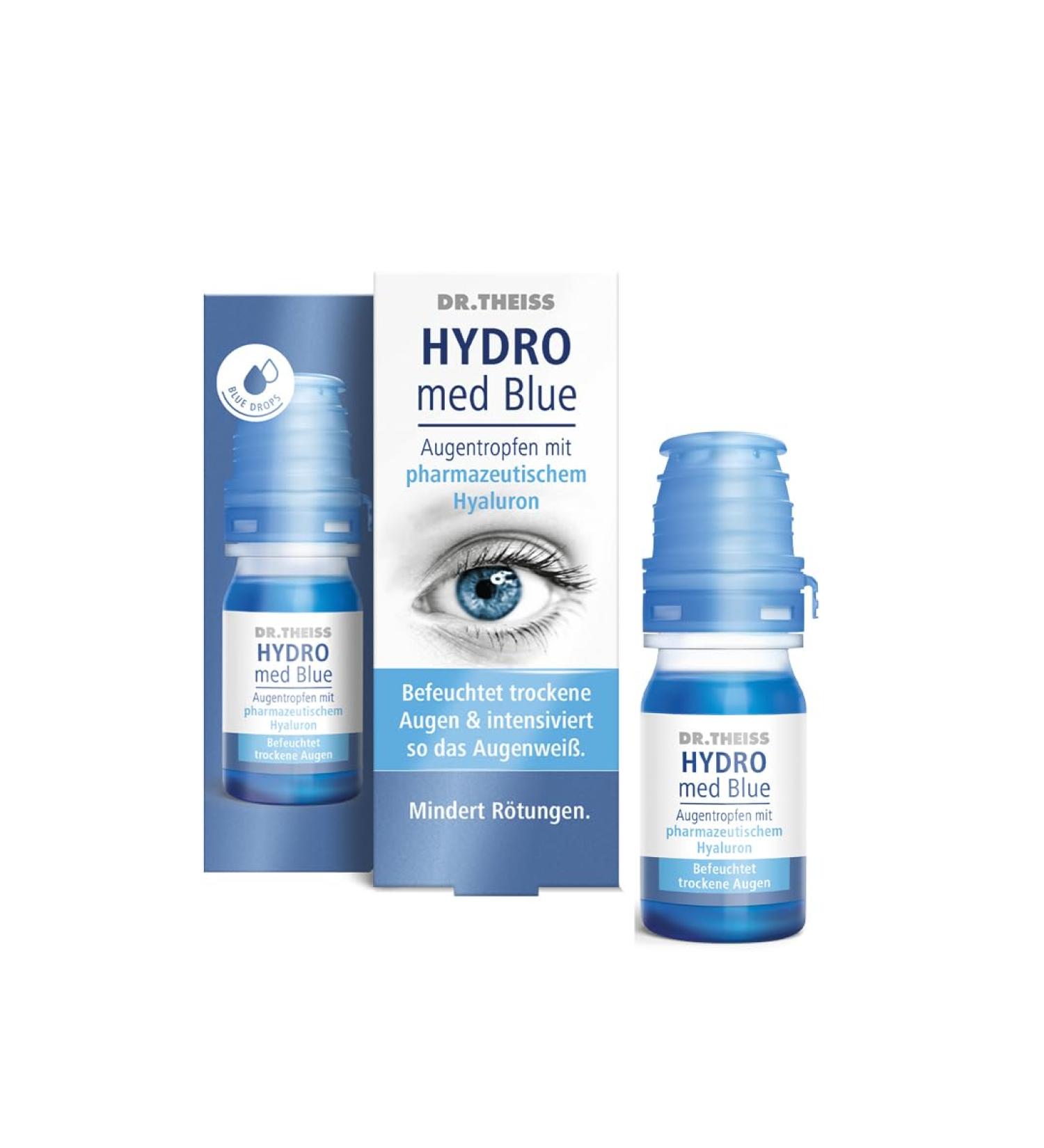 Dr. Theiss Hydro Med Blue Eye Drops | Hyaluronic Acid for Dry Eyes | Intensifies Eye Whiteness | Reduces Redness | Preservative-Free Eye Relief - Buy Online on GoSupps.com