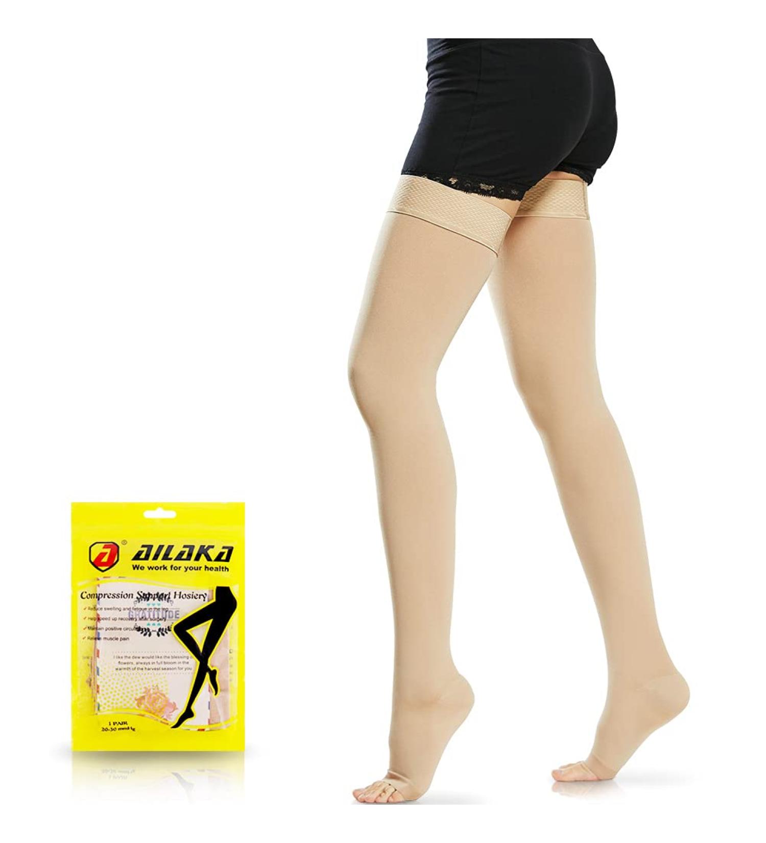 Ailaka Thigh High 20-30 mmHg Medical Compression Stockings - Medium, Beige, Open Toe - 1 Pair - Buy Online on GoSupps.com