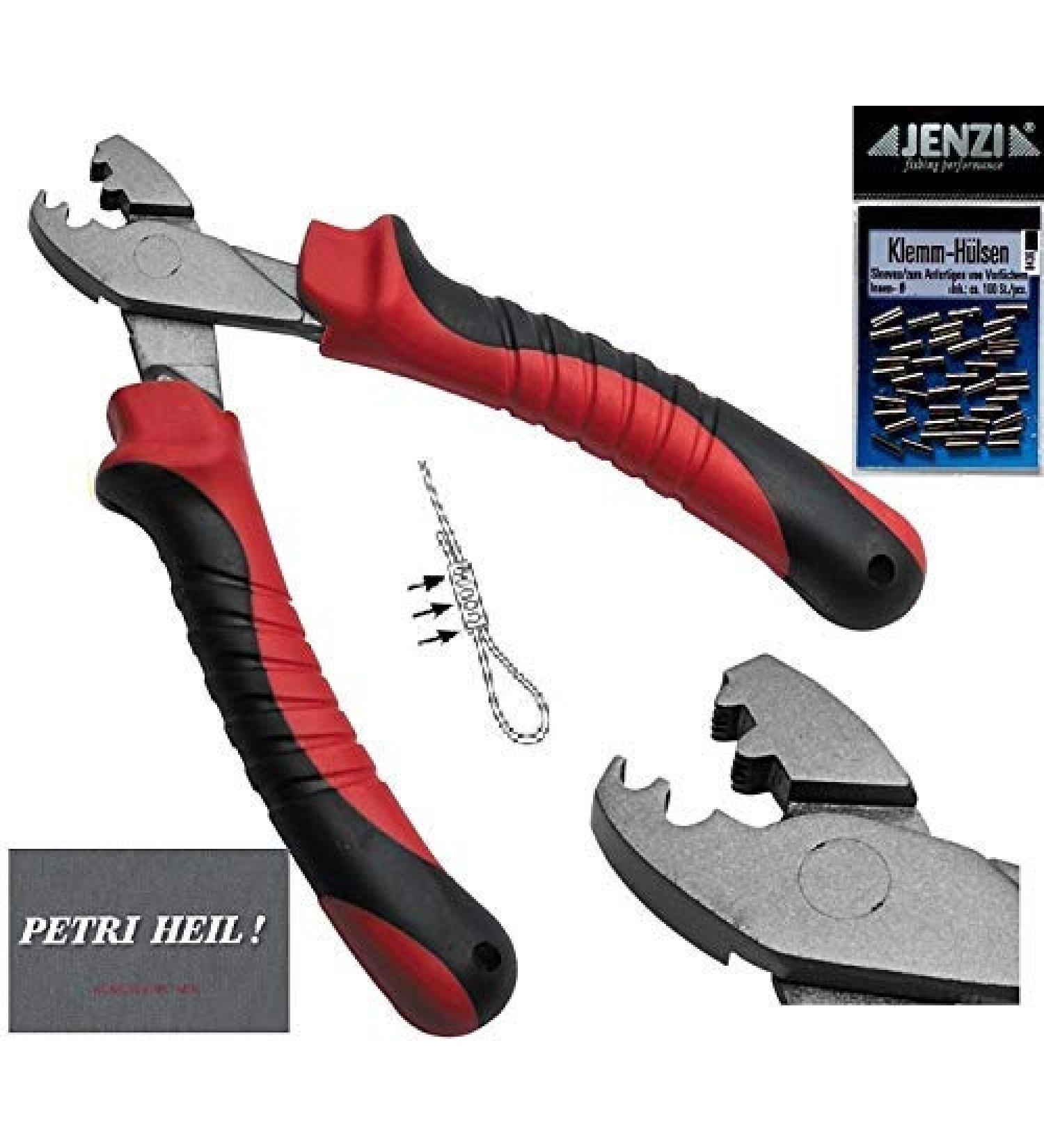 Clamp sleeve set with sleeve pliers and approx. 100 Jenzi crimp sleeves 0.6-1.8mm + free Petri Heil! sticker 1.0mm