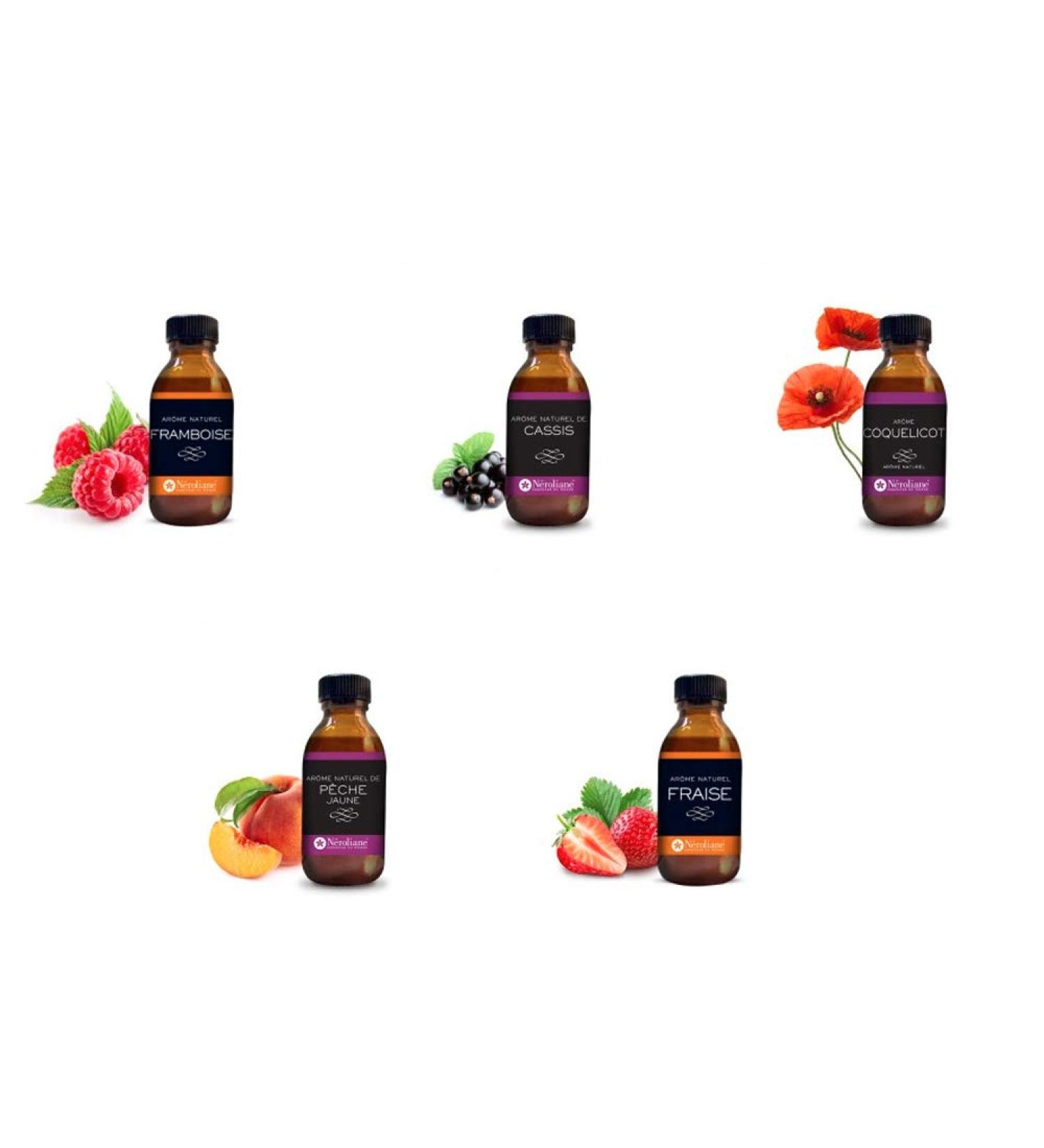 Set of 5 Food Flavours: Poppy - Strawberry - Blackcurrant - Raspberry - Yellow Peach