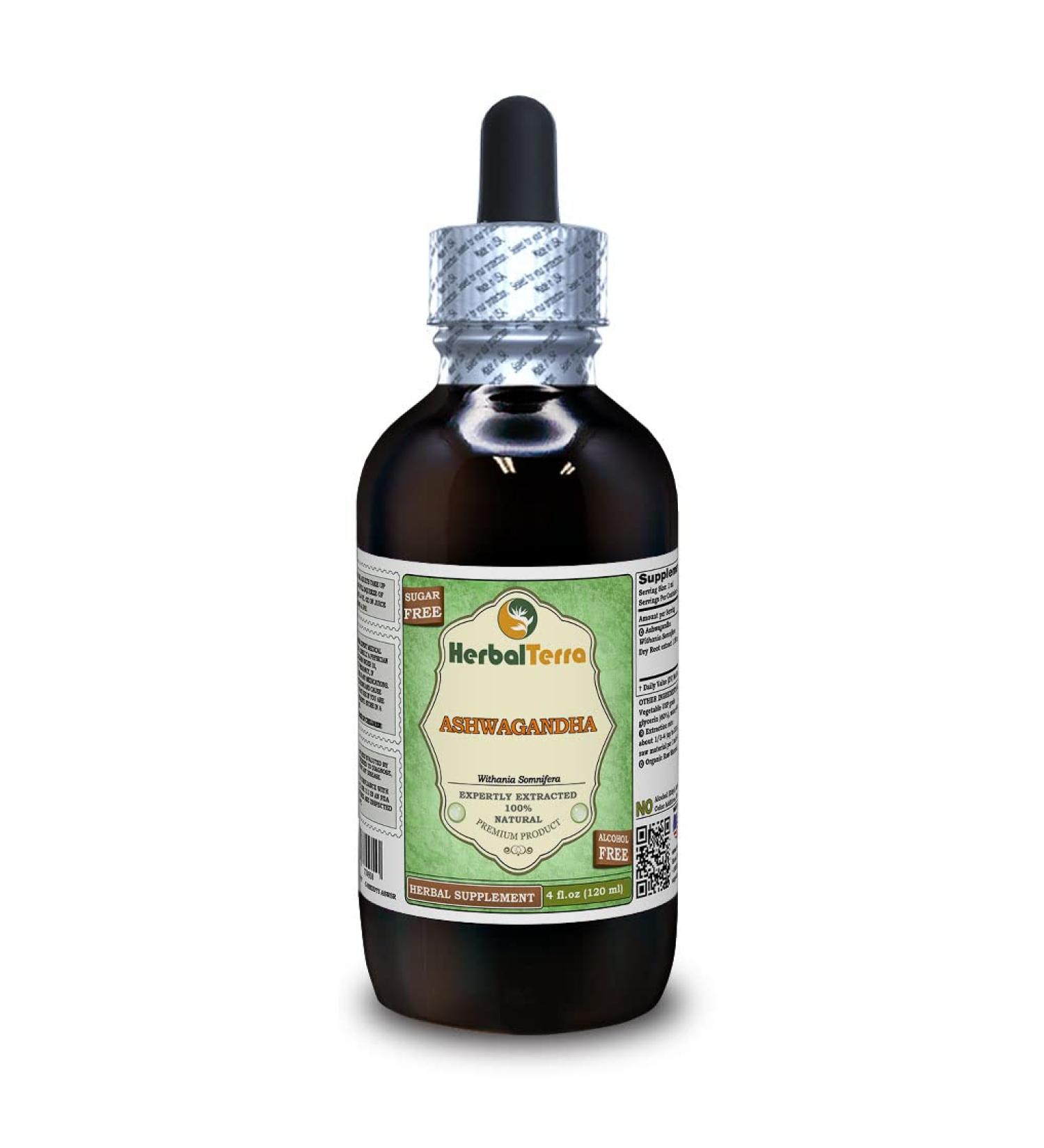 Ashwagandha (Withania Somnifera) Glycerite Organic Dried Root Alcohol-Free Liquid Extract (Brand Name: HerbalTerra Proudly Made in USA) 4 fl.oz (120 ml) Alcohol-FREE 4 Fl Oz (Pack of 1)