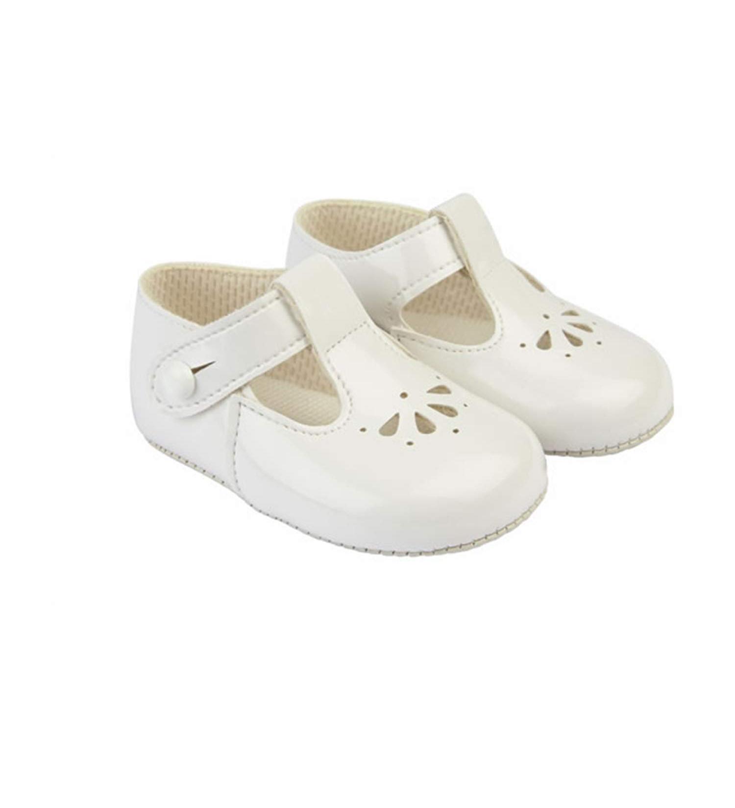 Early Days Baypods B617 T Bar with Petal Punch Pre Walker Baby Shoes Made in The Softest Faux Leather Made in England 2 UK Child White Patent