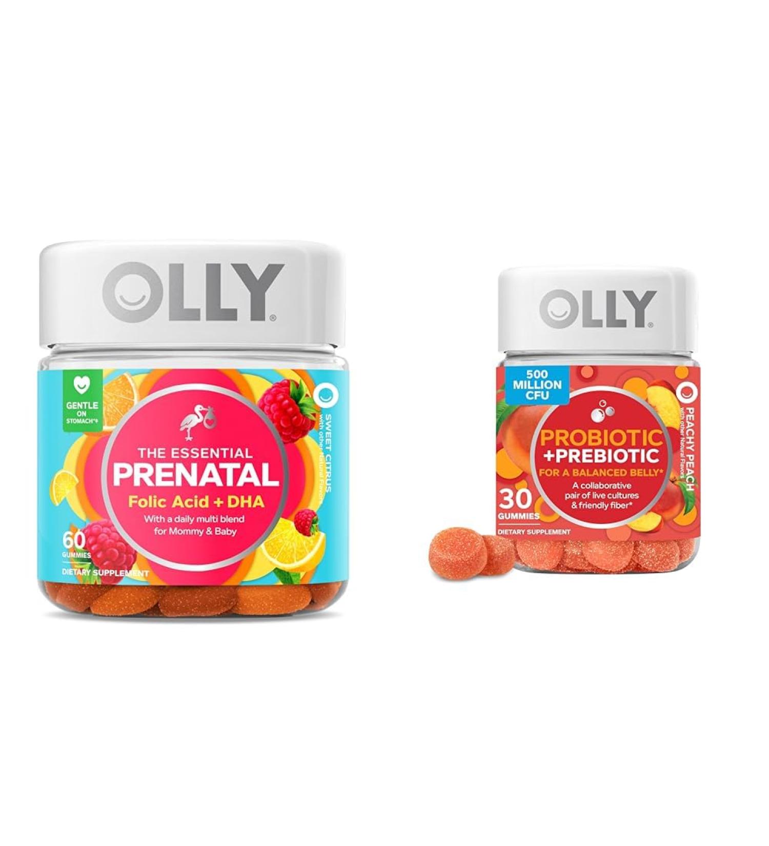 OLLY The Essential Prenatal Gummy Multivitamin 30 Day Supply (Gummies) Sweet Folic Acid & Probiotic + Prebiotic Gummy Digestive Support and Gut Health 500 Million CFUs Fiber