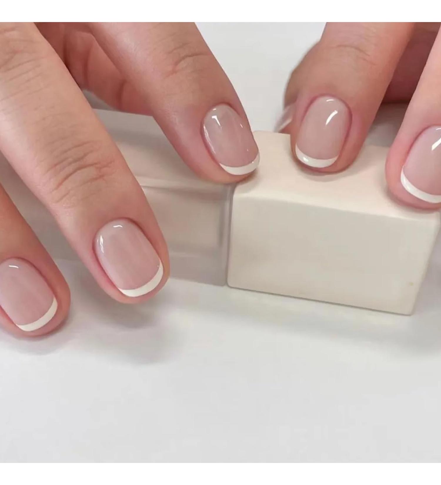 Petite Press on Nails - Extra Short French Tip Fake Nails | Nude Stick-on Glossy Reusable Artificial Nails for Women - Cute Manicure Art - Buy Online on GoSupps.com