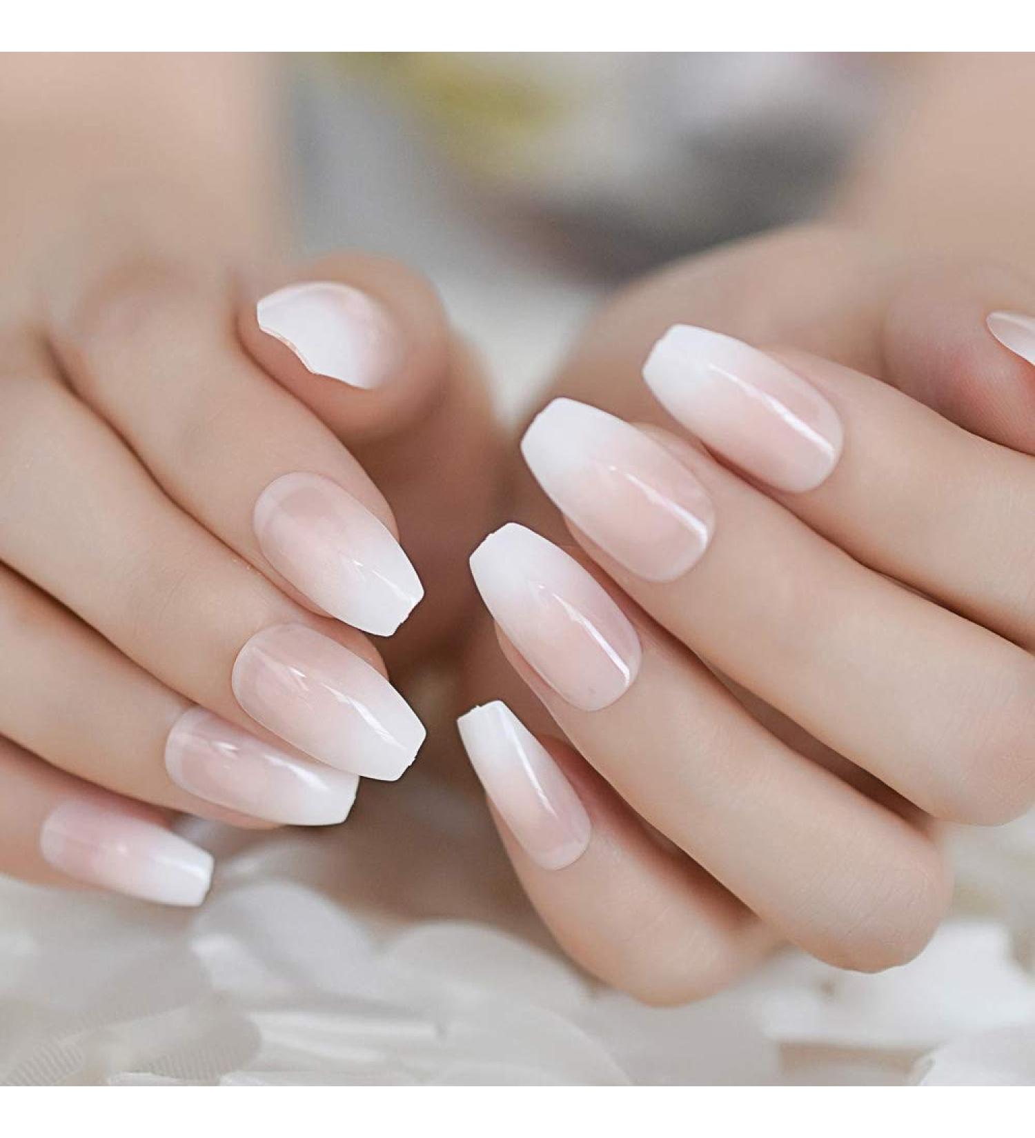 24 White Clear French medium sized coffin artificial Nail French Fake nail with Shine Nail Tips Art Design for women and girls