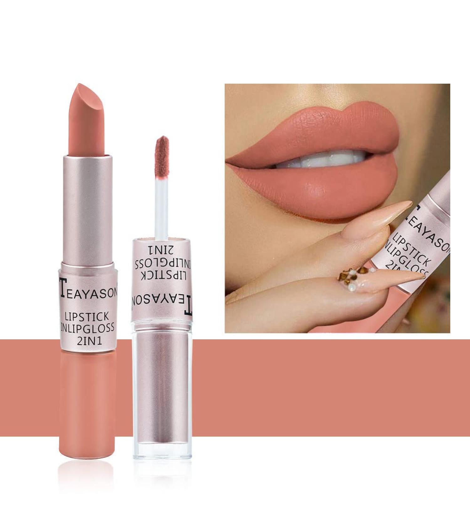 Hikaka 2 in 1 Matte Velvet Satin Lipstick & Gloss Set Double Headed Matte Finish Non-stick Cup No Fade Nude Color Long Lasting Waterproof Lip Gloss (J) - Buy Online on GoSupps.com