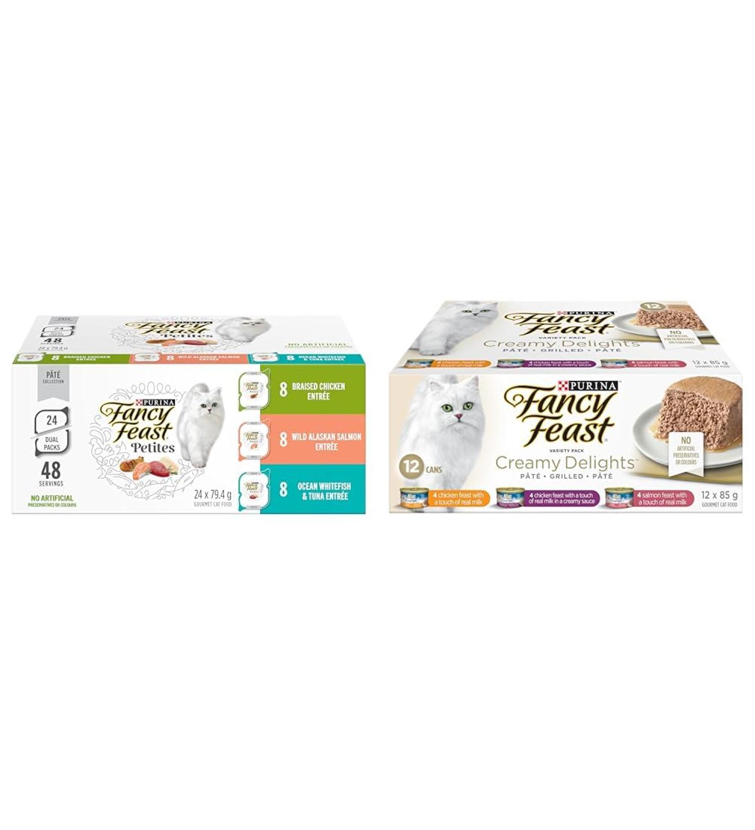 Fancy Feast Petites Wet Cat Food Pate Collection Variety Pack 3 Flavours - 79.4 g x 24 Tray (24 Pack) & Creamy Delights Wet Cat Food Variety Pack 3 Flavours - 85 g Can (12 Pack) Wet Cat Food+ Wet Cat Food - Buy Online on GoSupps.com