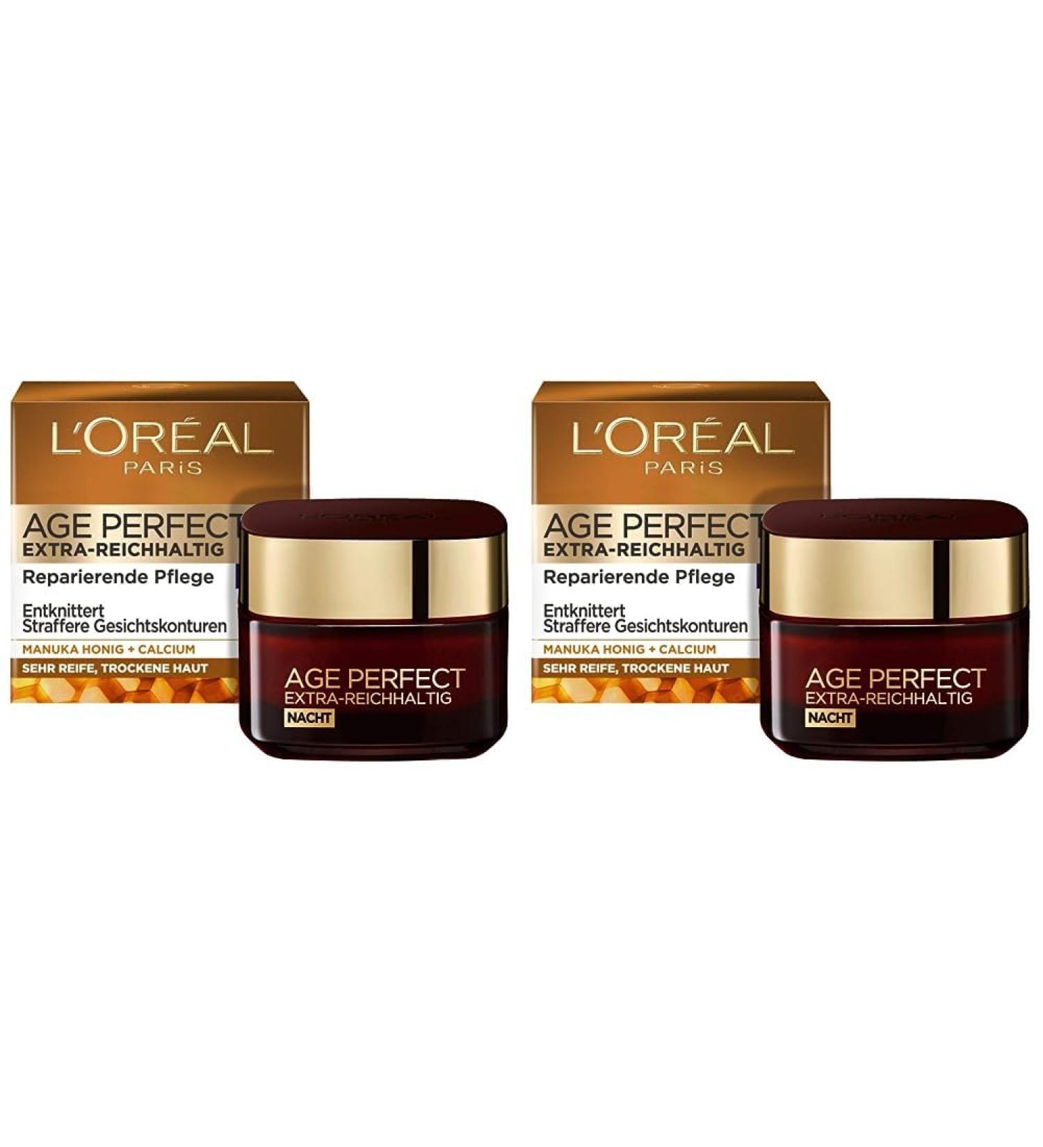 L'Or al Paris Age Perfect Night Care - Extra-Rich Anti-Aging Facial Cream for Very Dry Skin with Manuka Honey & Calcium - 50ml (Pack of 2) - Nourish & Tighten - Buy Online on GoSupps.com