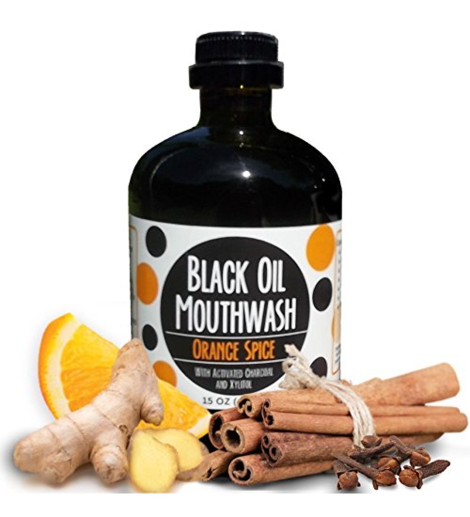 Coconut Avocado Sesame Oil Mouthwash - Sweet Orange Spice with Charcoal & Xylitol for Oil Pulling - 15 oz Glass Bottle - Buy Online on GoSupps.com
