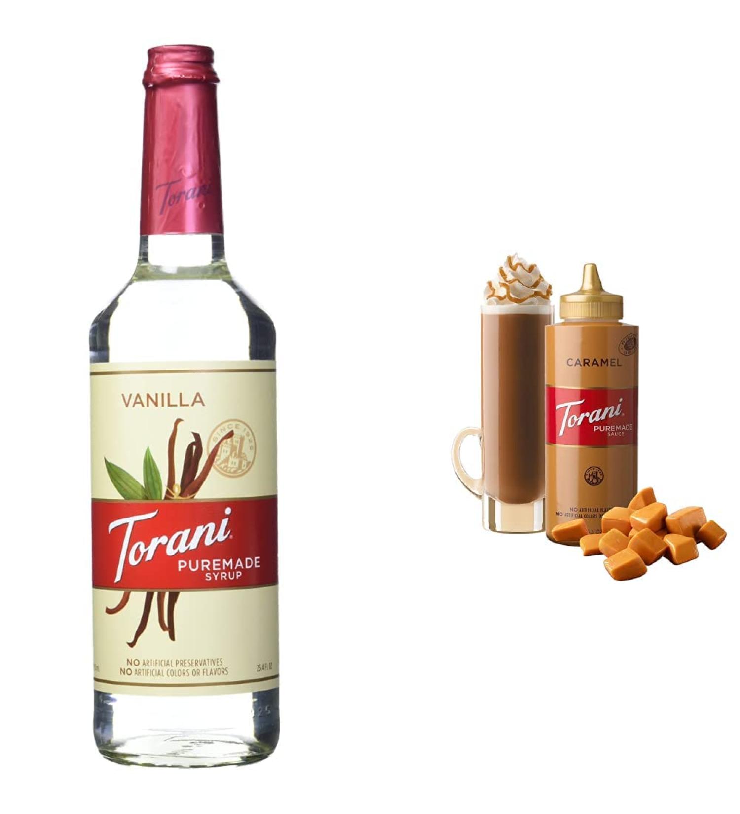 Torani Puremade Vanilla Flavour Syrup 750ml & Caramel Squeeze Sauce 16.5 Fluid Ounce Syrup + Squeeze Sauce 750 ml (Pack of 1)