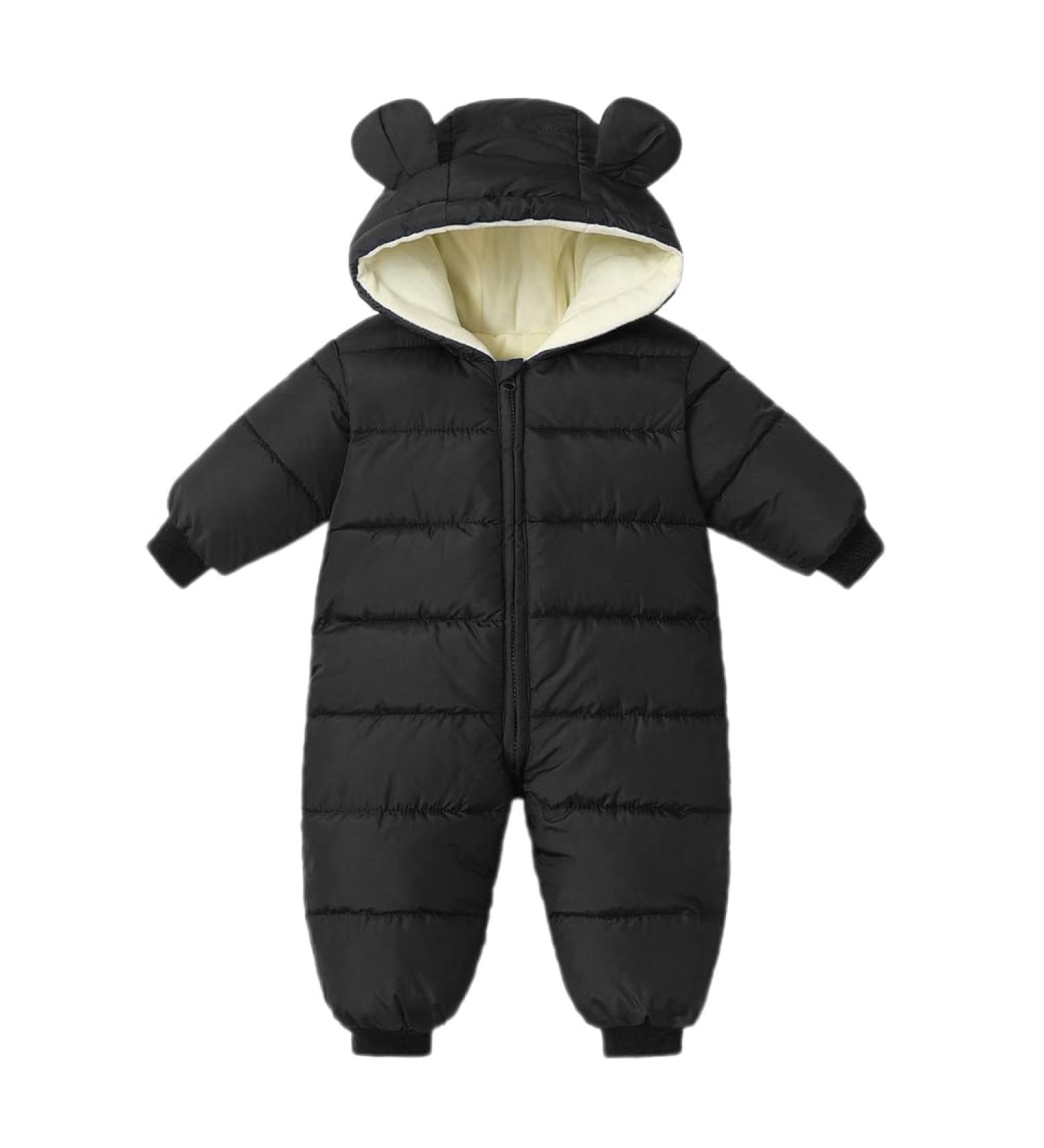 BRONG Baby Girls Boys Snowsuit Winter Coat Newborn Thick Zipper Jumpsuit Infant Windproof Hooded Fleece Romper Outerwear Black 0-6 Months