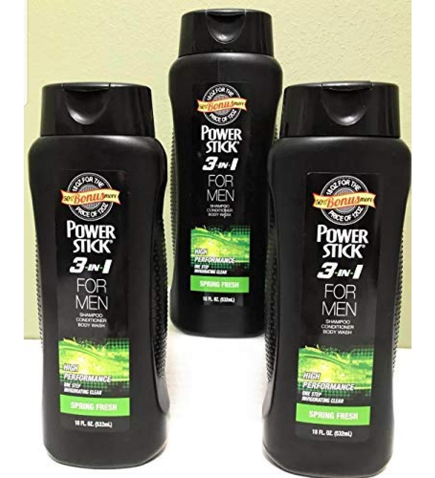 3 pack of Powerstick 3-in-1 Body wash shampoo and conditioner for men in Spring Fresh